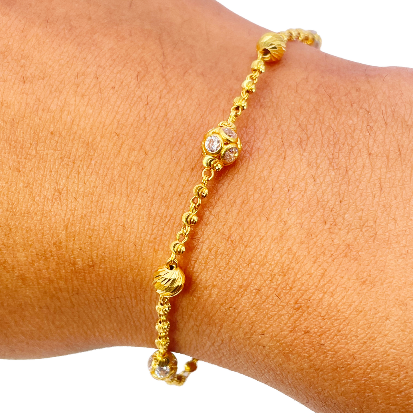 22ct Yellow Gold Sparkly Cubic Zirconia Glitter Ball & Diamond Cut Beads Ladies Bracelet