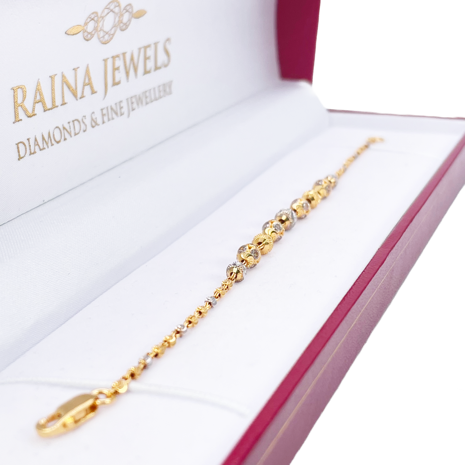 22ct Yellow Gold Sparkly Glitter Ball & Two-Tone Diamond Cut Beaded Bracelet 