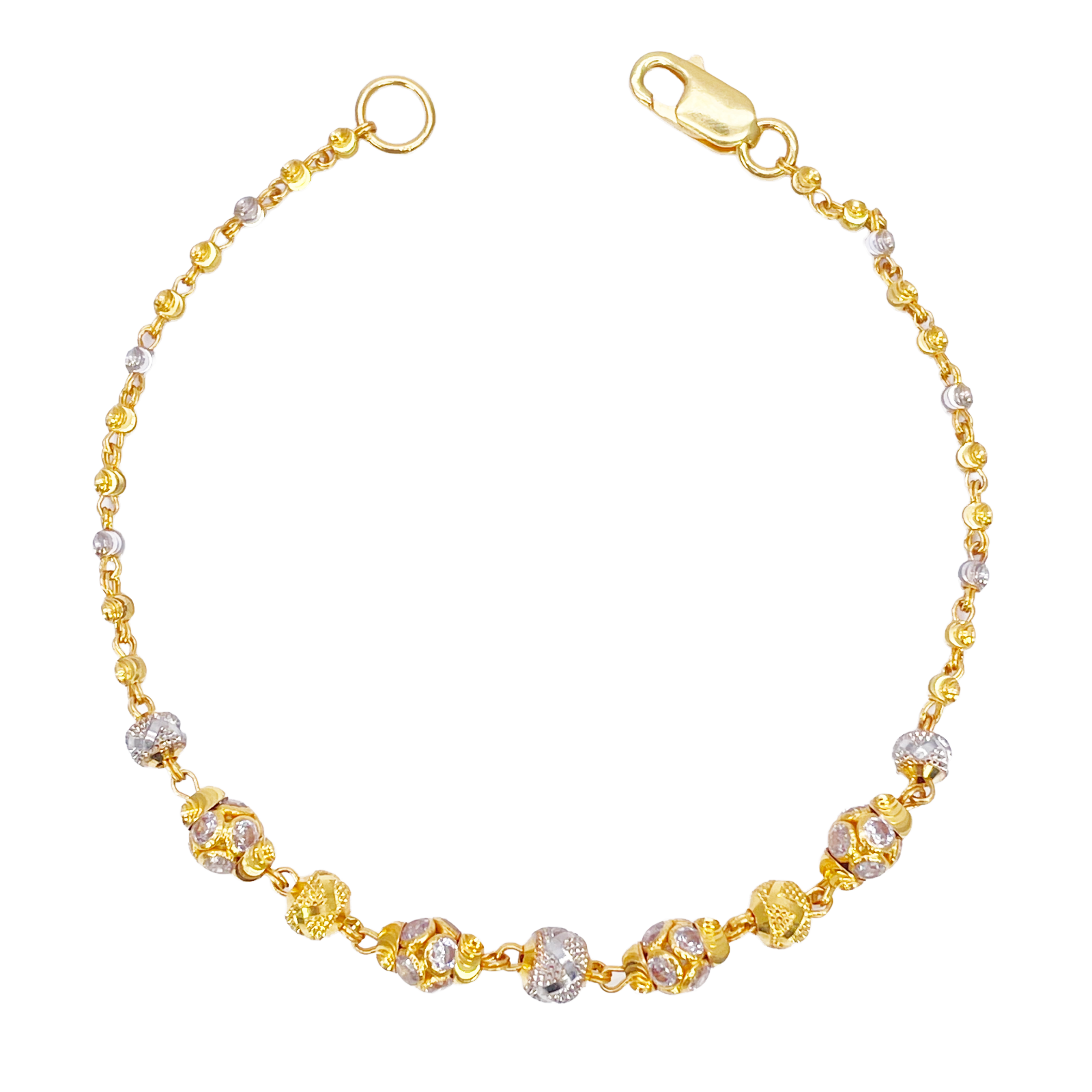 22ct Yellow Gold Sparkly Glitter Ball & Two-Tone Diamond Cut Beaded Bracelet 