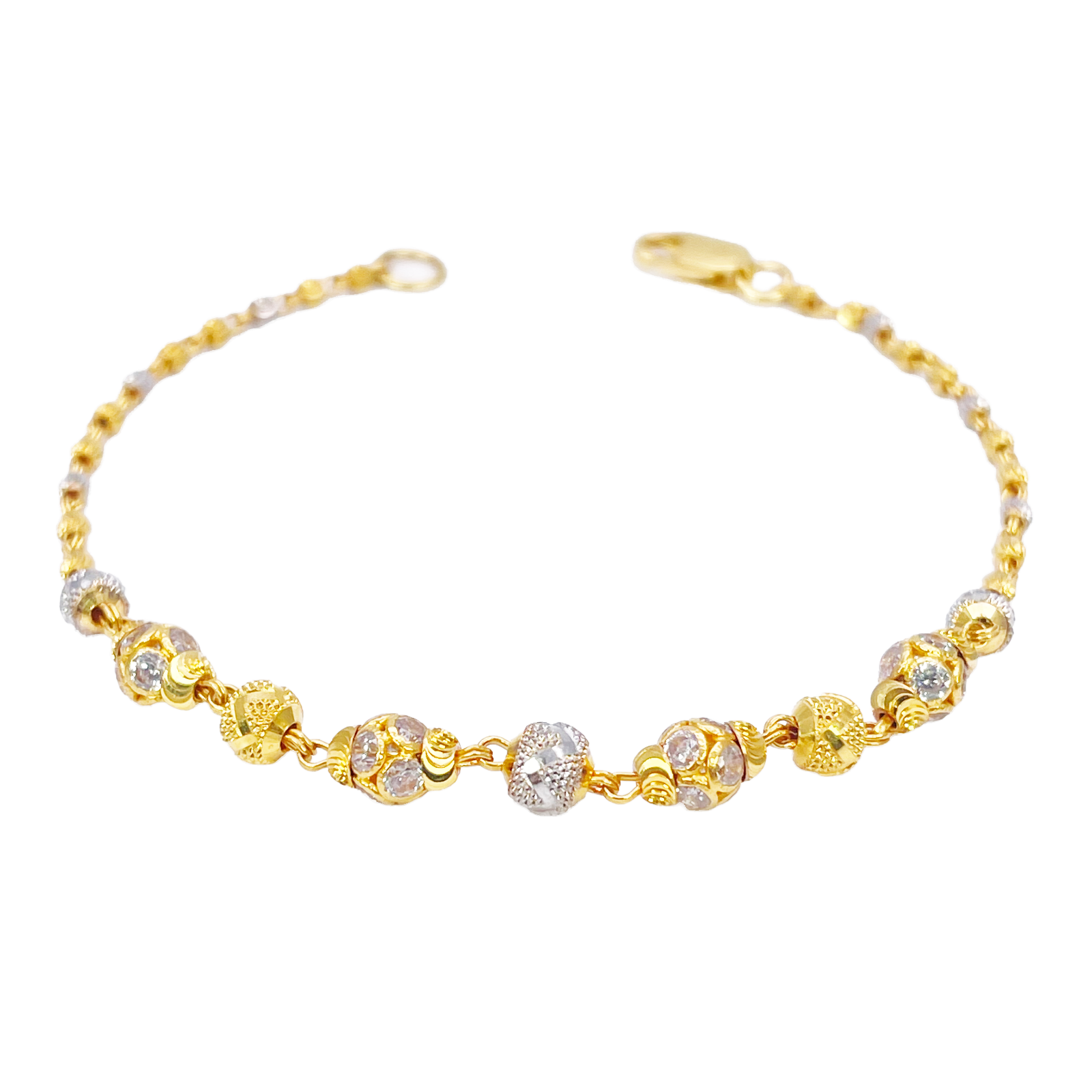 22ct Yellow Gold Sparkly Glitter Ball & Two-Tone Diamond Cut Beaded Bracelet 