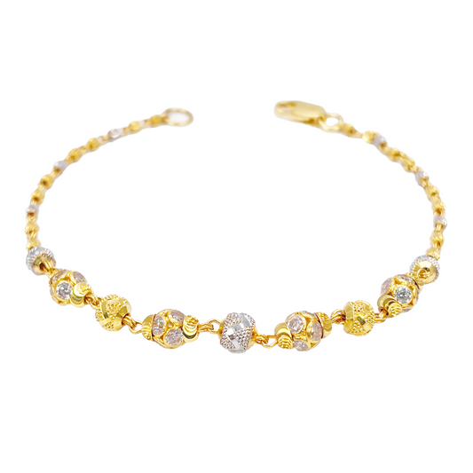 22ct Yellow Gold Sparkly Glitter Ball & Two-Tone Diamond Cut Beaded Bracelet
