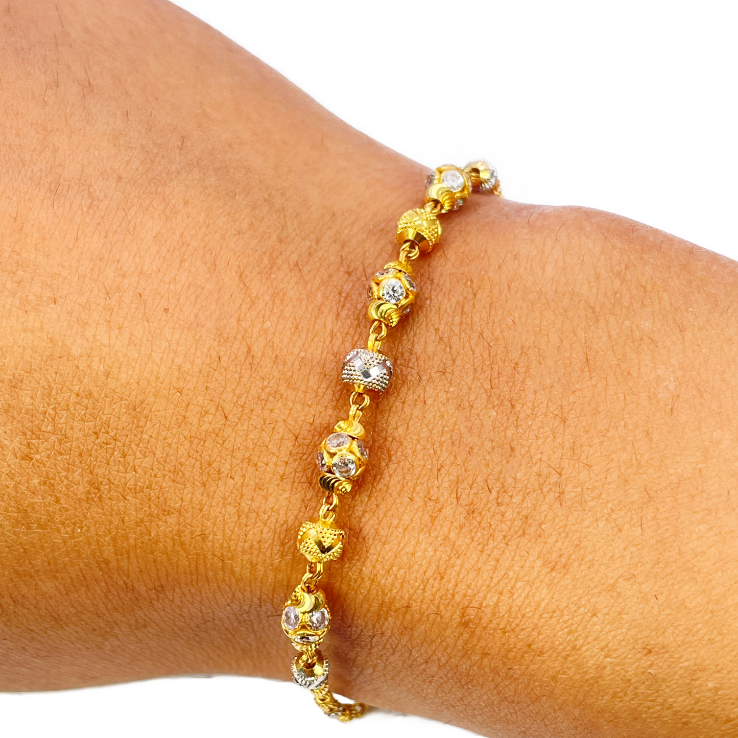 22ct Yellow Gold Sparkly Glitter Ball & Two-Tone Diamond Cut Beaded Bracelet 