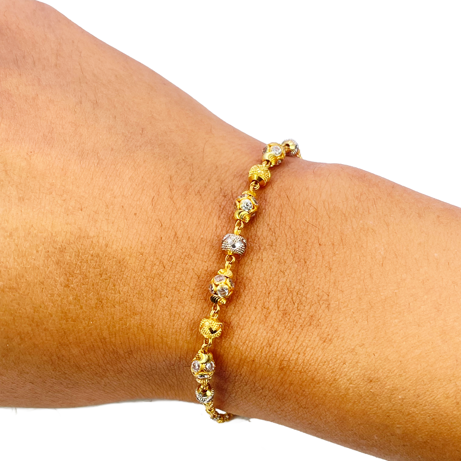 22ct Yellow Gold Sparkly Glitter Ball & Two-Tone Diamond Cut Beaded Bracelet 