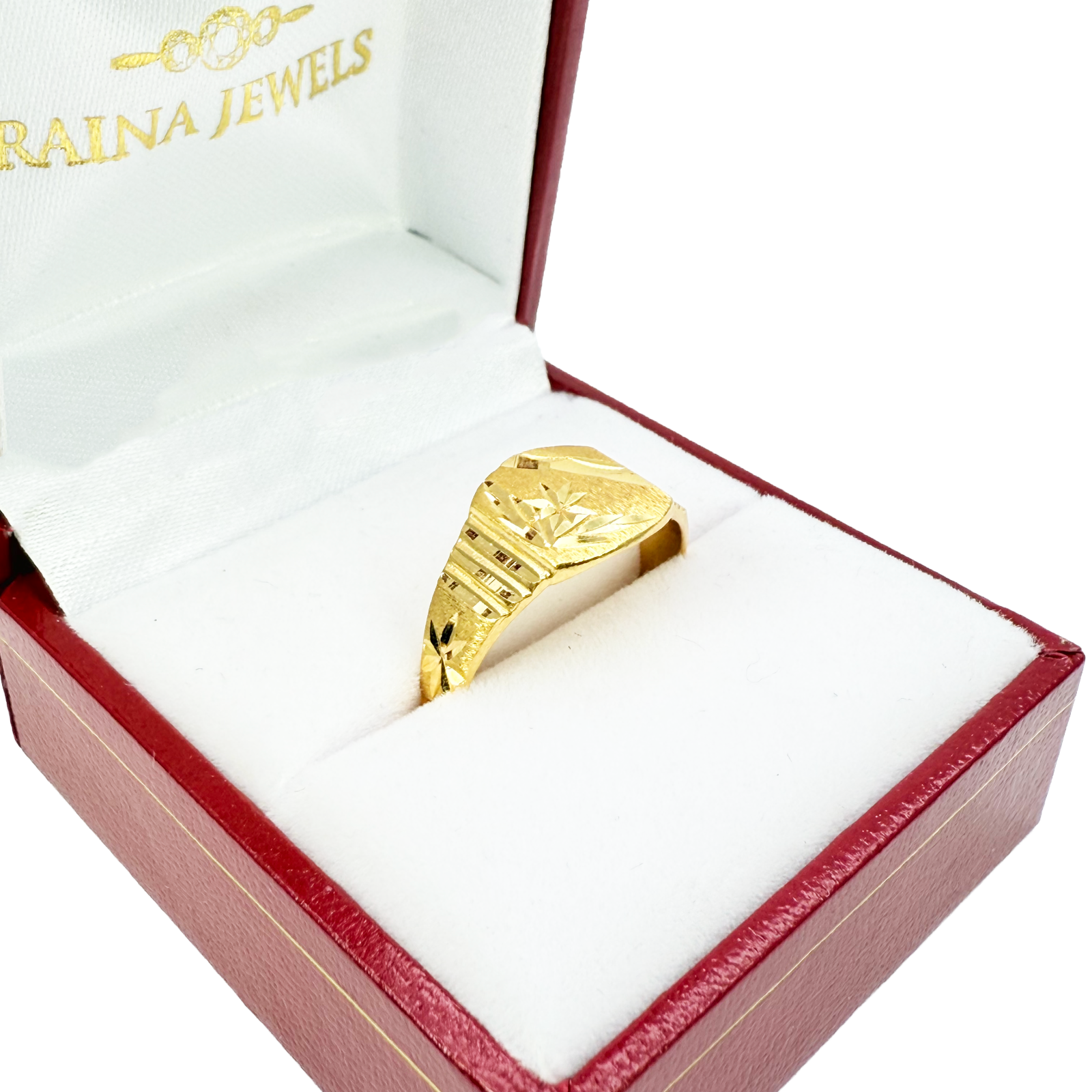 22ct Yellow Gold Diamond Cut High Polished & Textured Mens Signet Ring 