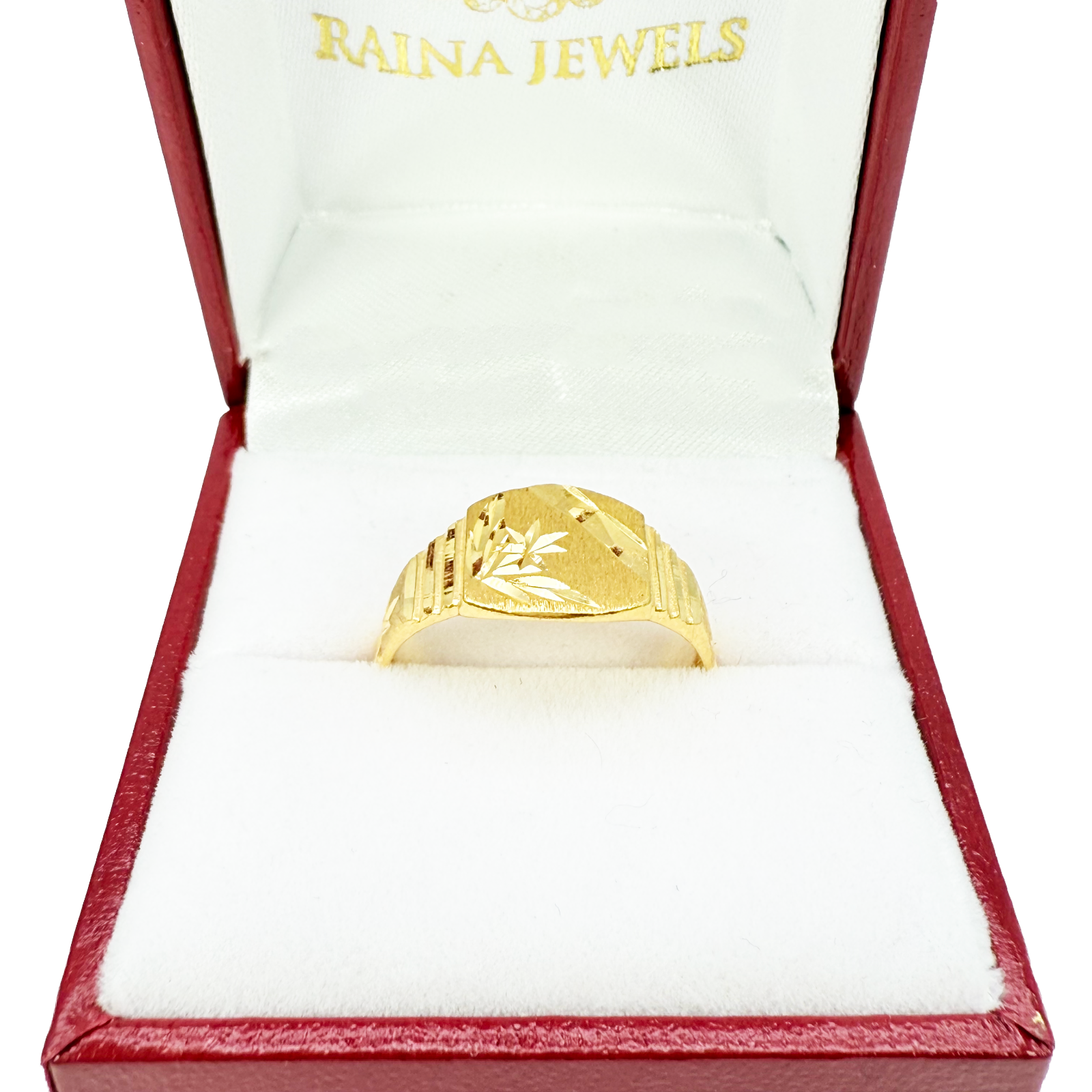 22ct Yellow Gold Diamond Cut High Polished & Textured Mens Signet Ring 