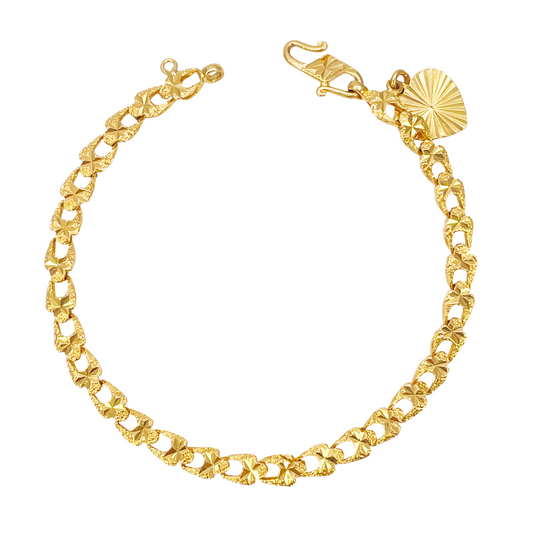22ct Yellow Gold Diamond Cut Textured Link Bracelet & Heart Charm