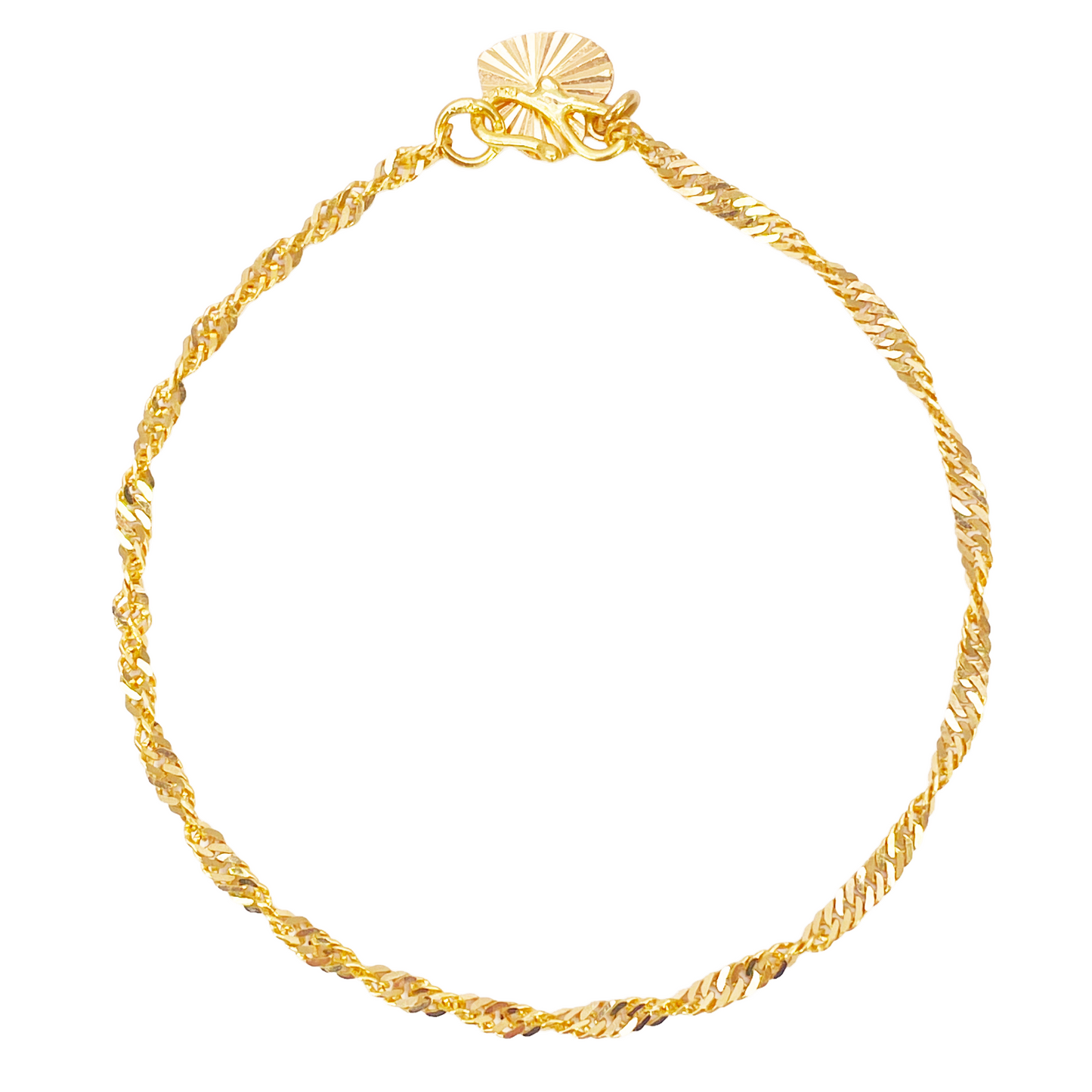 22ct Yellow Gold High Polished Lightweight Twisted Ripple Chain Bracelet & Charm 