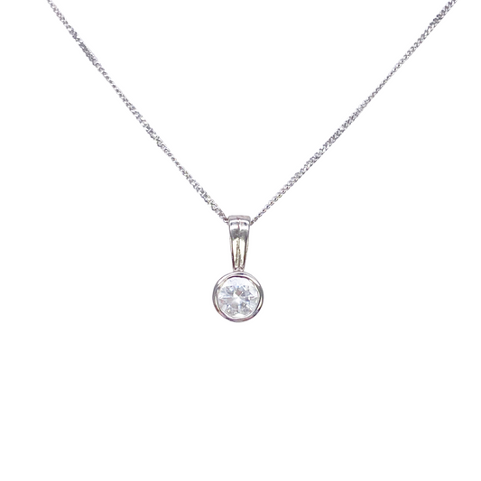 18ct White Gold Round Cubic Zirconia Bezel Set Solitaire Pendant & Chain Set 18 Inches