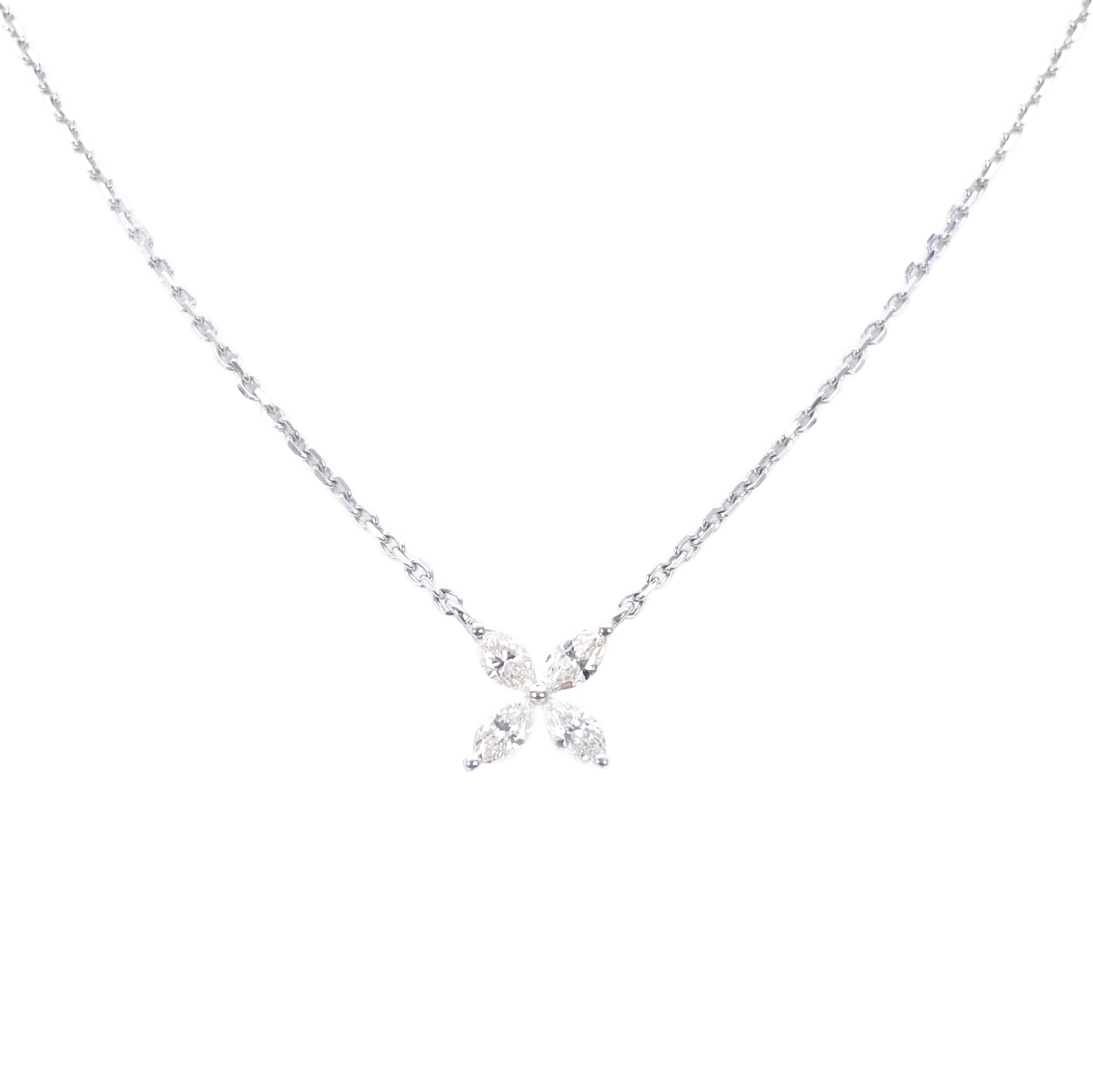 18ct White Gold Flower Marquise Four Leaf Diamond Pendant Necklace 0.46ct 