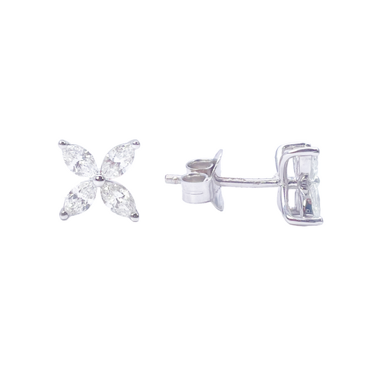 18ct White Gold Natural Marquise Diamond Four Leaf Stud Earrings 0.75ct 