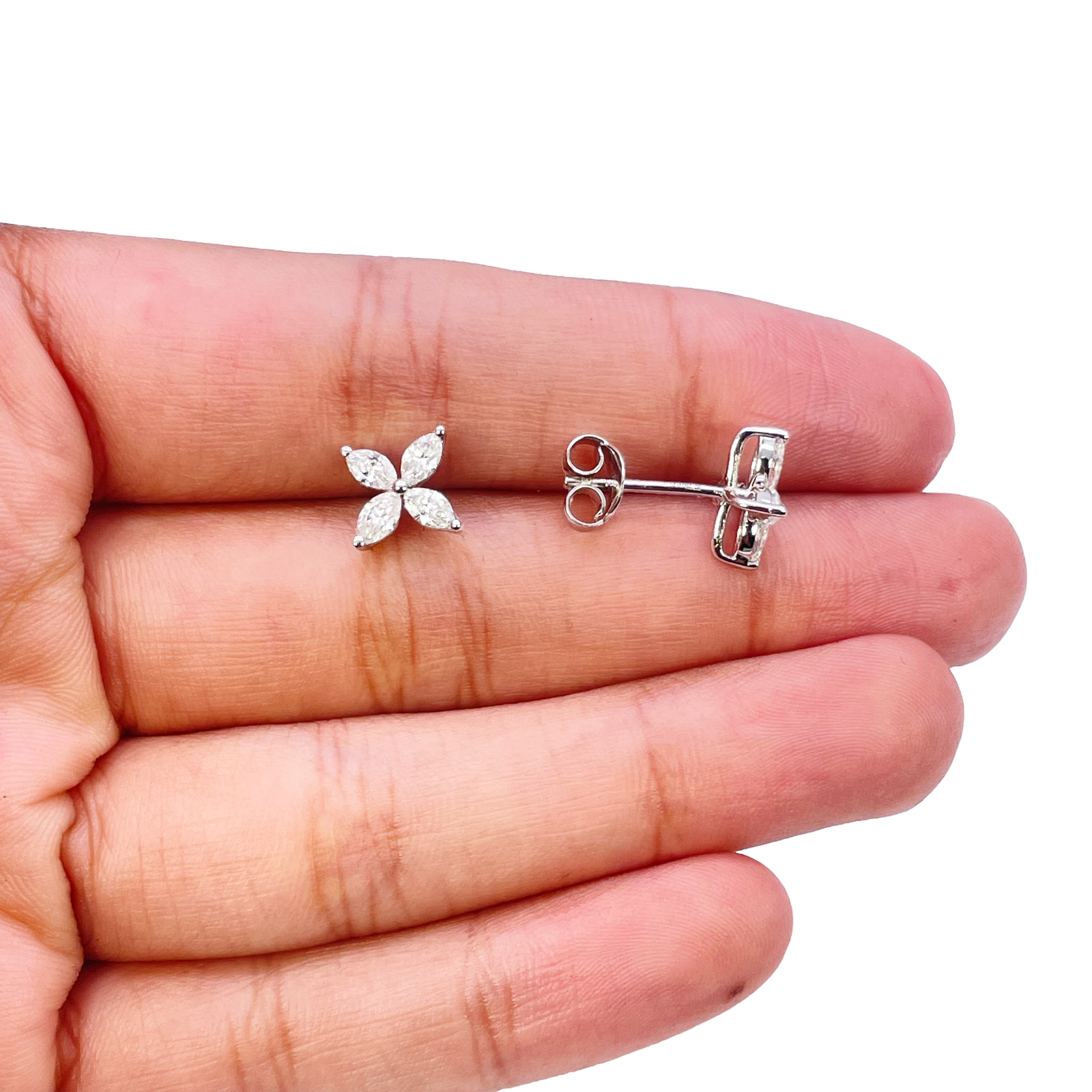 18ct White Gold Natural Marquise Diamond Four Leaf Stud Earrings 0.75ct 