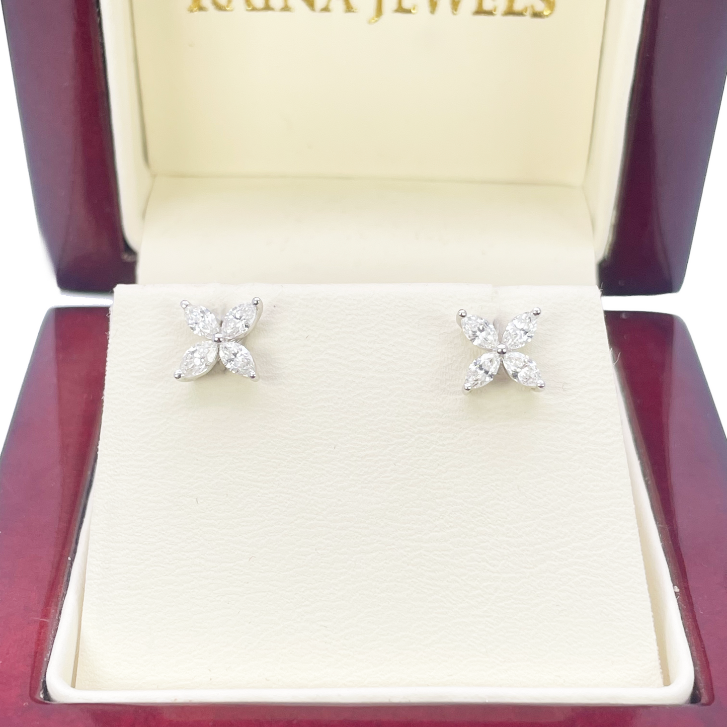 18ct White Gold Natural Marquise Diamond Four Leaf Stud Earrings 0.75ct 