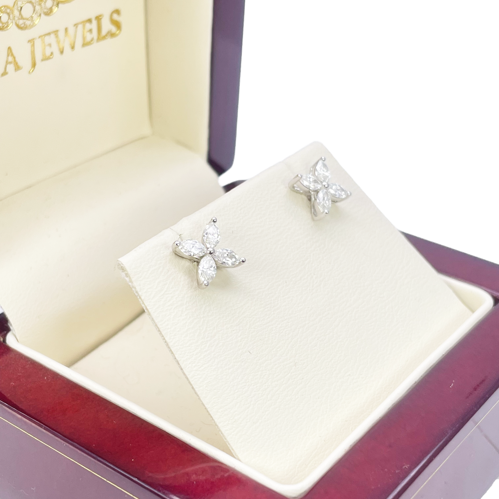 18ct White Gold Natural Marquise Diamond Four Leaf Stud Earrings 0.75ct 