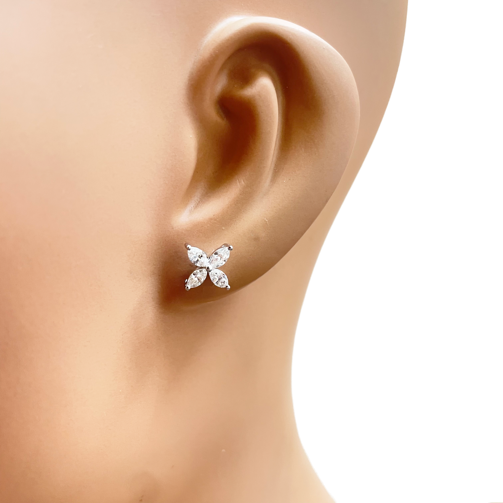 18ct White Gold Natural Marquise Diamond Four Leaf Stud Earrings 0.75ct 