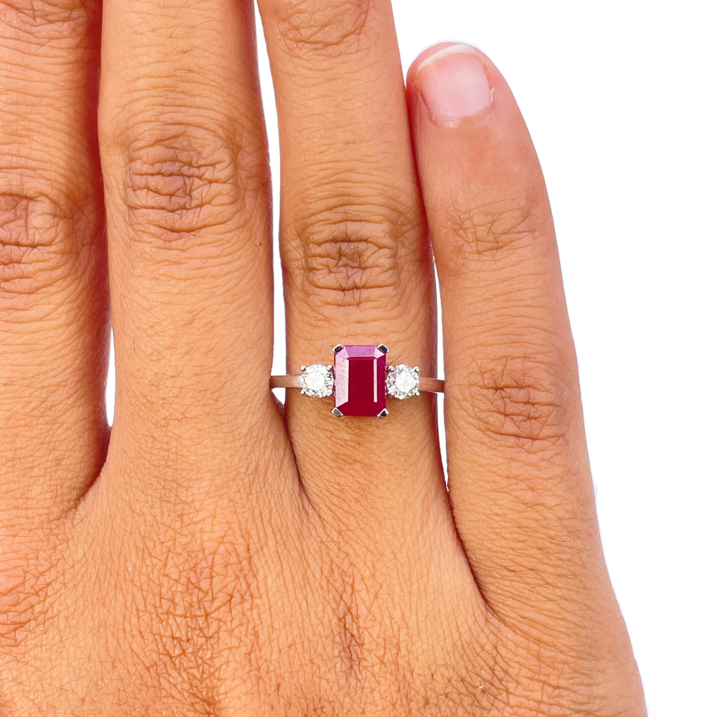 18ct White Gold Natural Emerald Cut Ruby & Round Diamond Trilogy Ring 1.45ct
