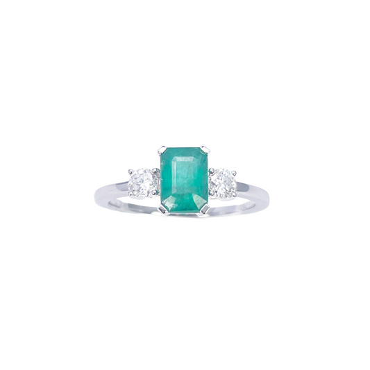 18ct White Gold Natural Emerald Cut Emerald & Round Diamond Trilogy Ring 1.28ct