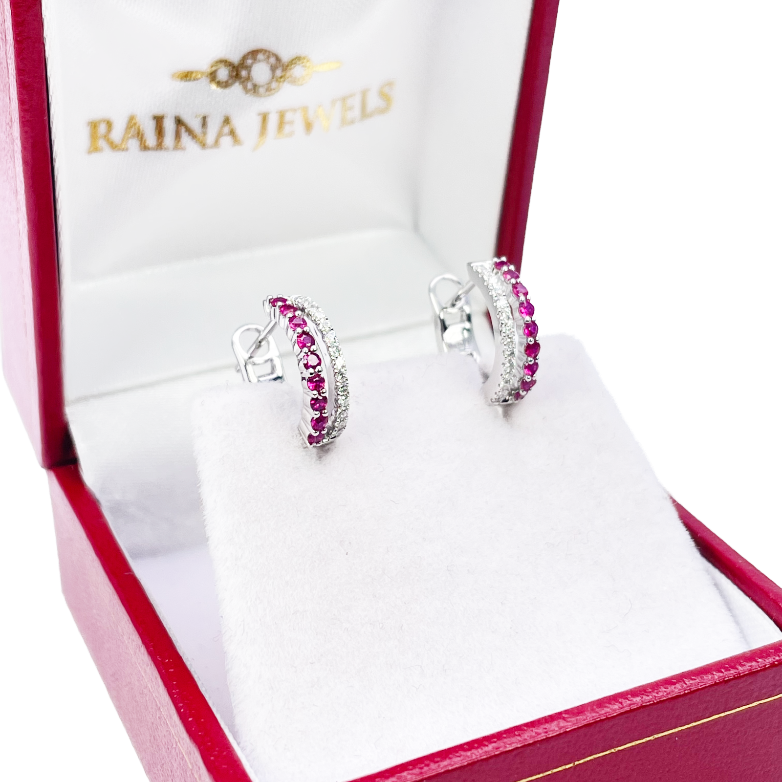 18ct White Gold Natural Diamond & Ruby 0.36ct Hoop Huggies Earrings 9mm Diameter 