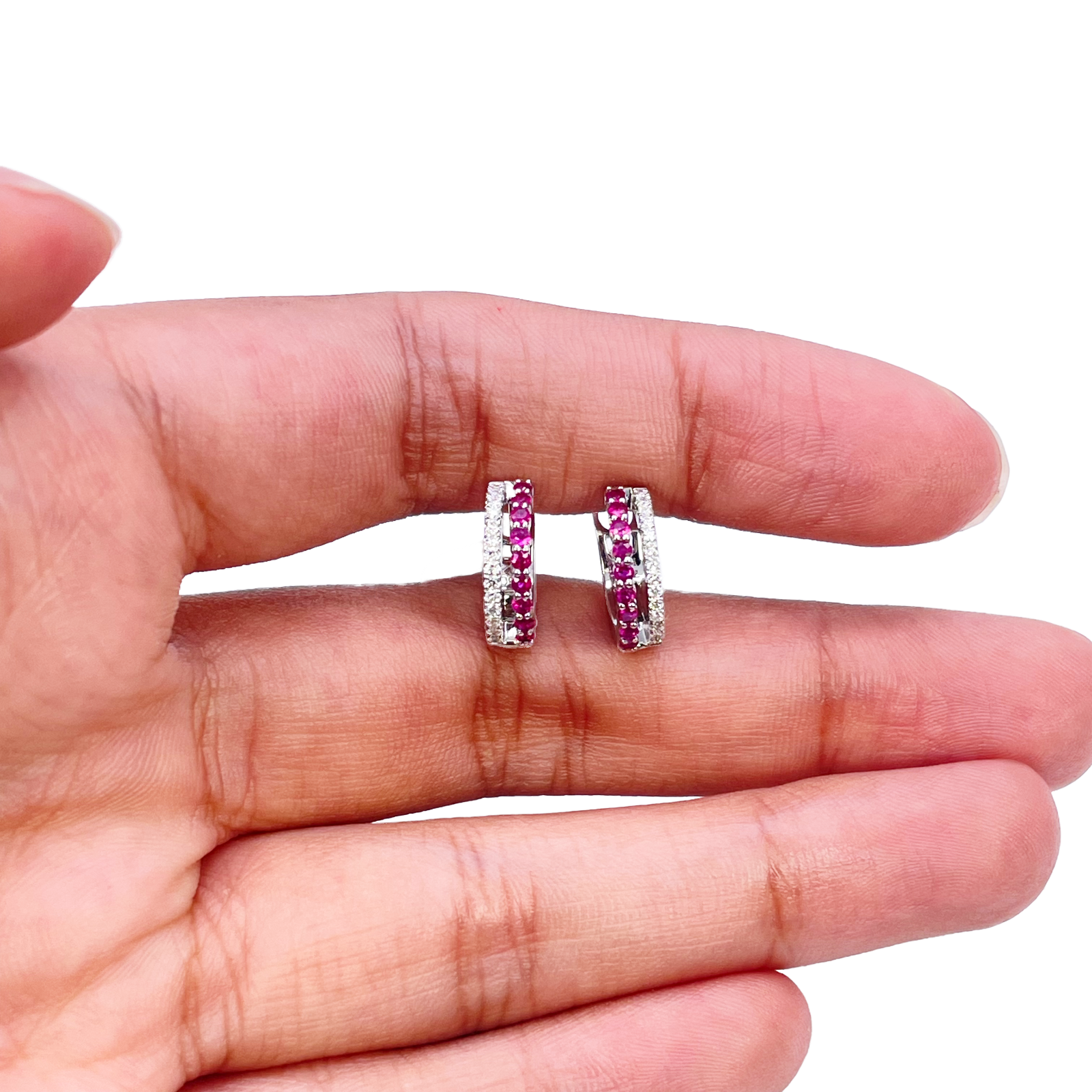 18ct White Gold Natural Diamond & Ruby 0.36ct Hoop Huggies Earrings 9mm Diameter 