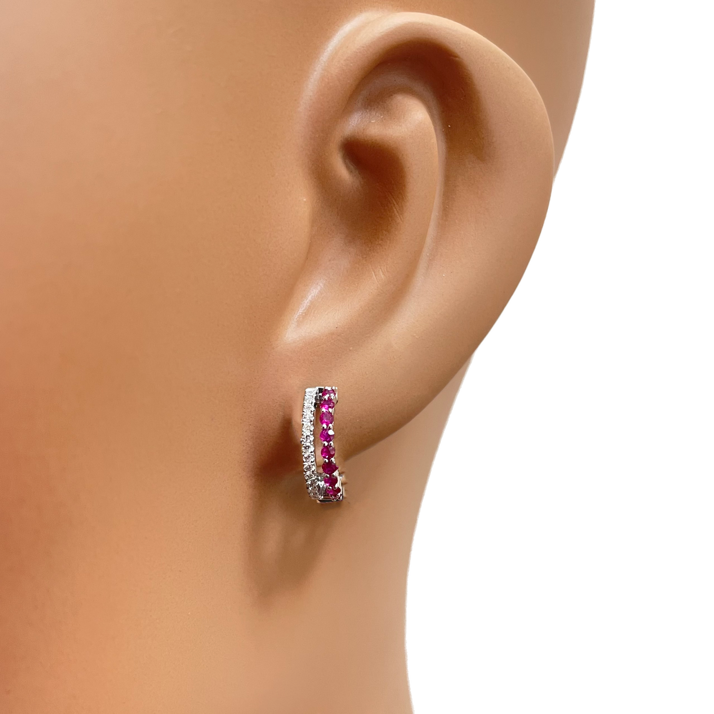 18ct White Gold Natural Diamond & Ruby 0.36ct Hoop Huggies Earrings 9mm Diameter 
