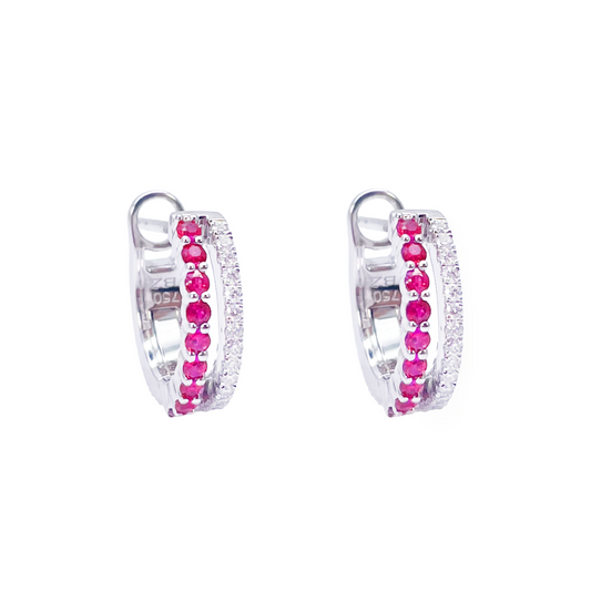 18ct White Gold Natural Diamond & Ruby 0.36ct Hoop Huggies Earrings 9mm Diameter 