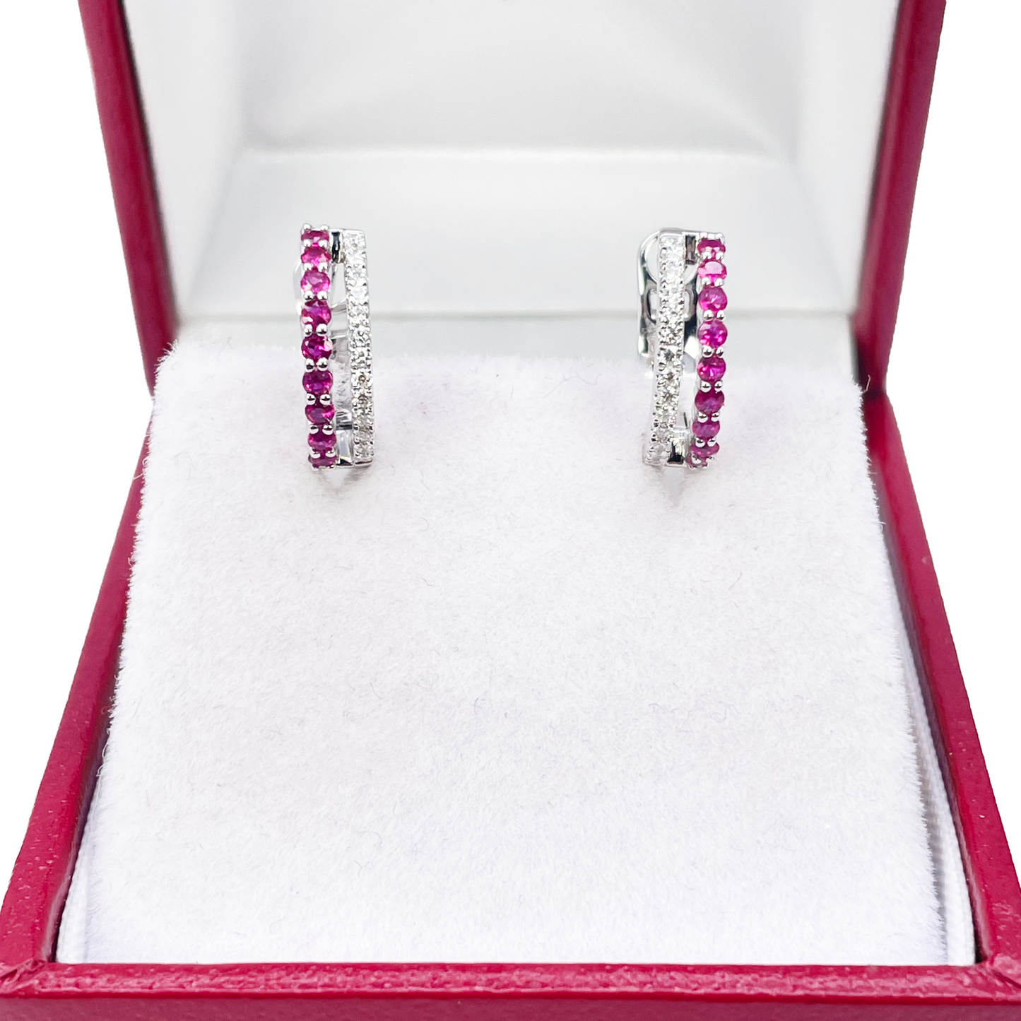 18ct White Gold Natural Diamond & Ruby 0.36ct Hoop Huggies Earrings 9mm Diameter 