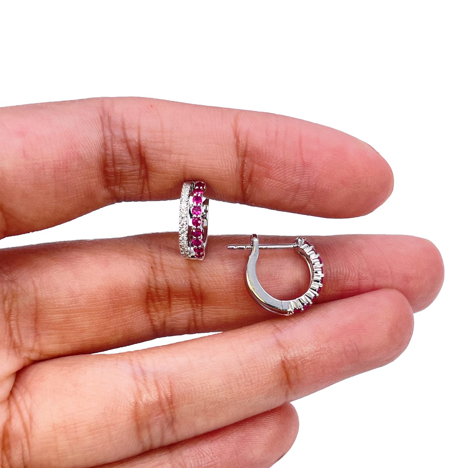 18ct White Gold Natural Diamond & Ruby 0.36ct Hoop Huggies Earrings 9mm Diameter 