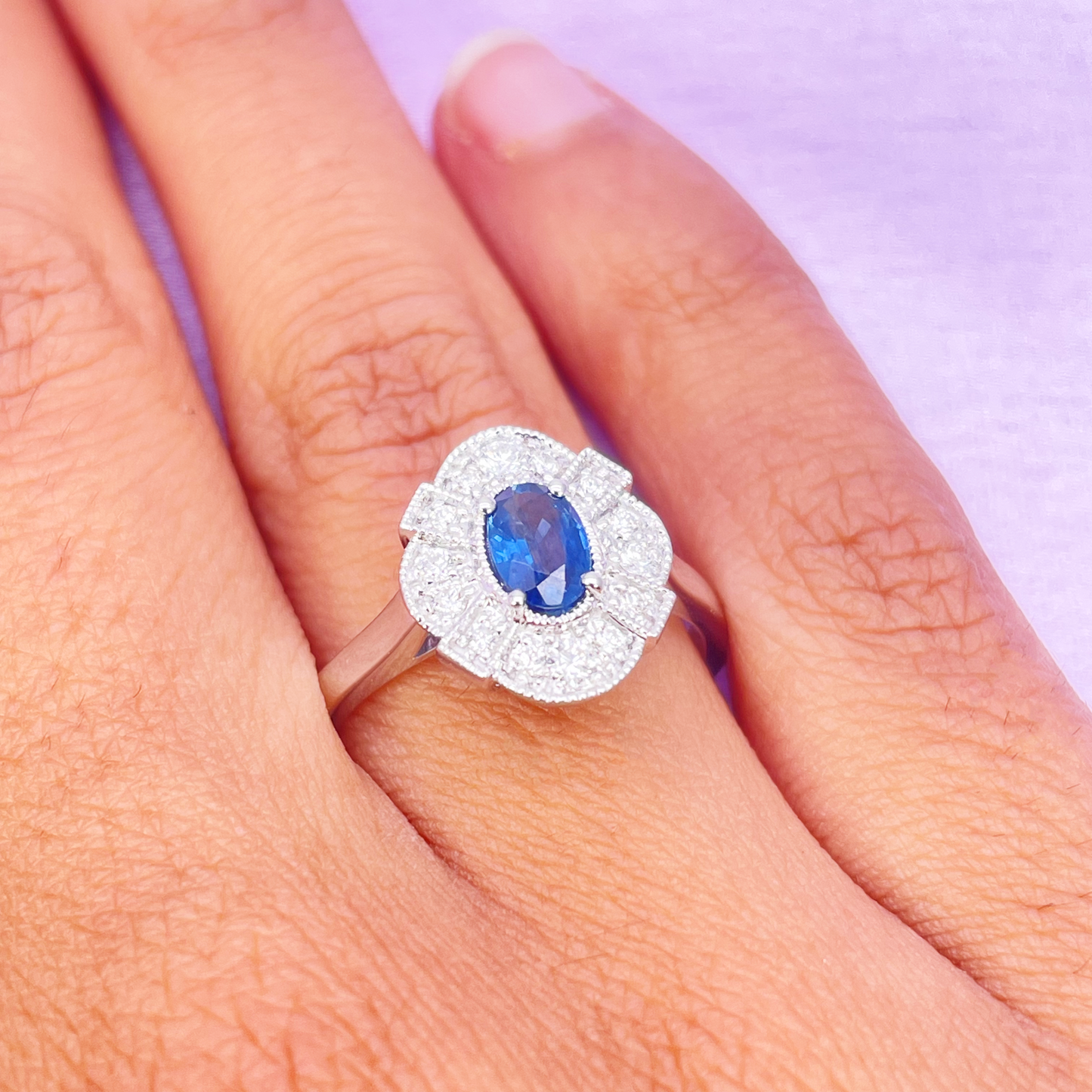 18ct White Gold Oval Blue Sapphire & Diamond Cluster Milgrain Ring 0.65ct  Diamond Ring