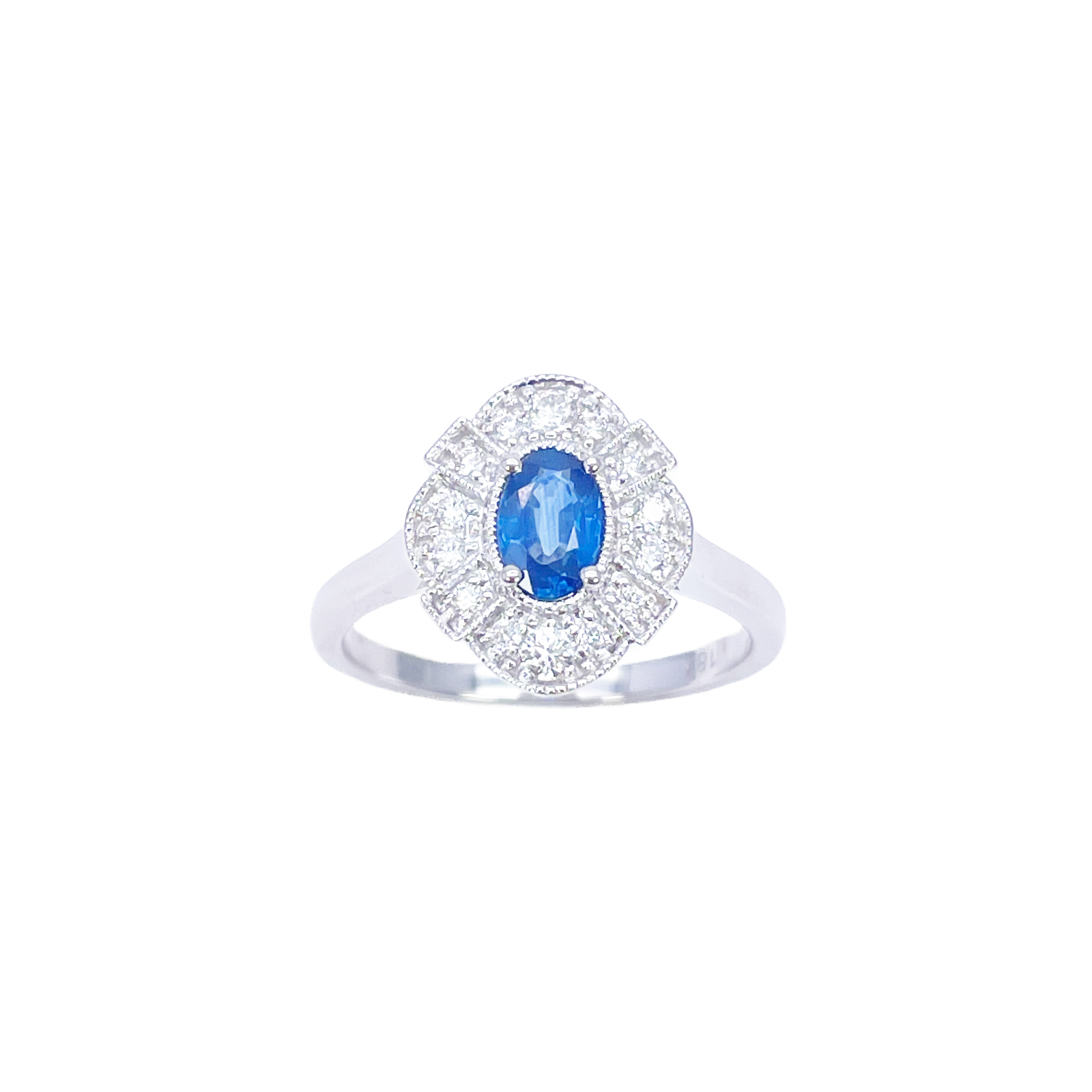 18ct White Gold Oval Blue Sapphire & Diamond Cluster Milgrain Ring 0.65ct  Diamond Ring