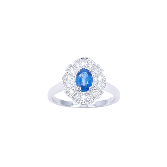 18ct White Gold Oval Blue Sapphire & Diamond Cluster Milgrain Ring 0.65ct  Diamond Ring