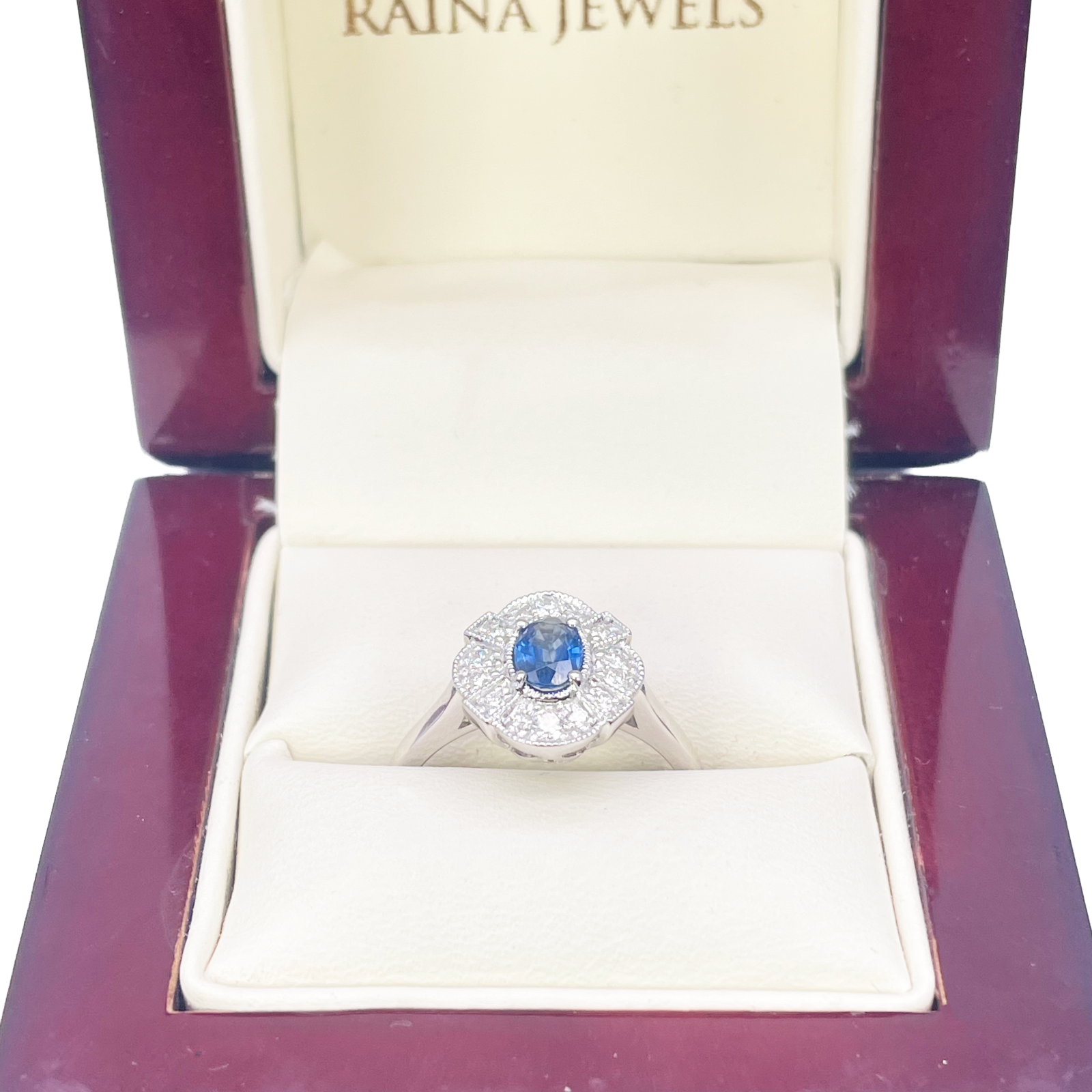 18ct White Gold Oval Blue Sapphire & Diamond Cluster Milgrain Ring 0.65ct  Diamond Ring