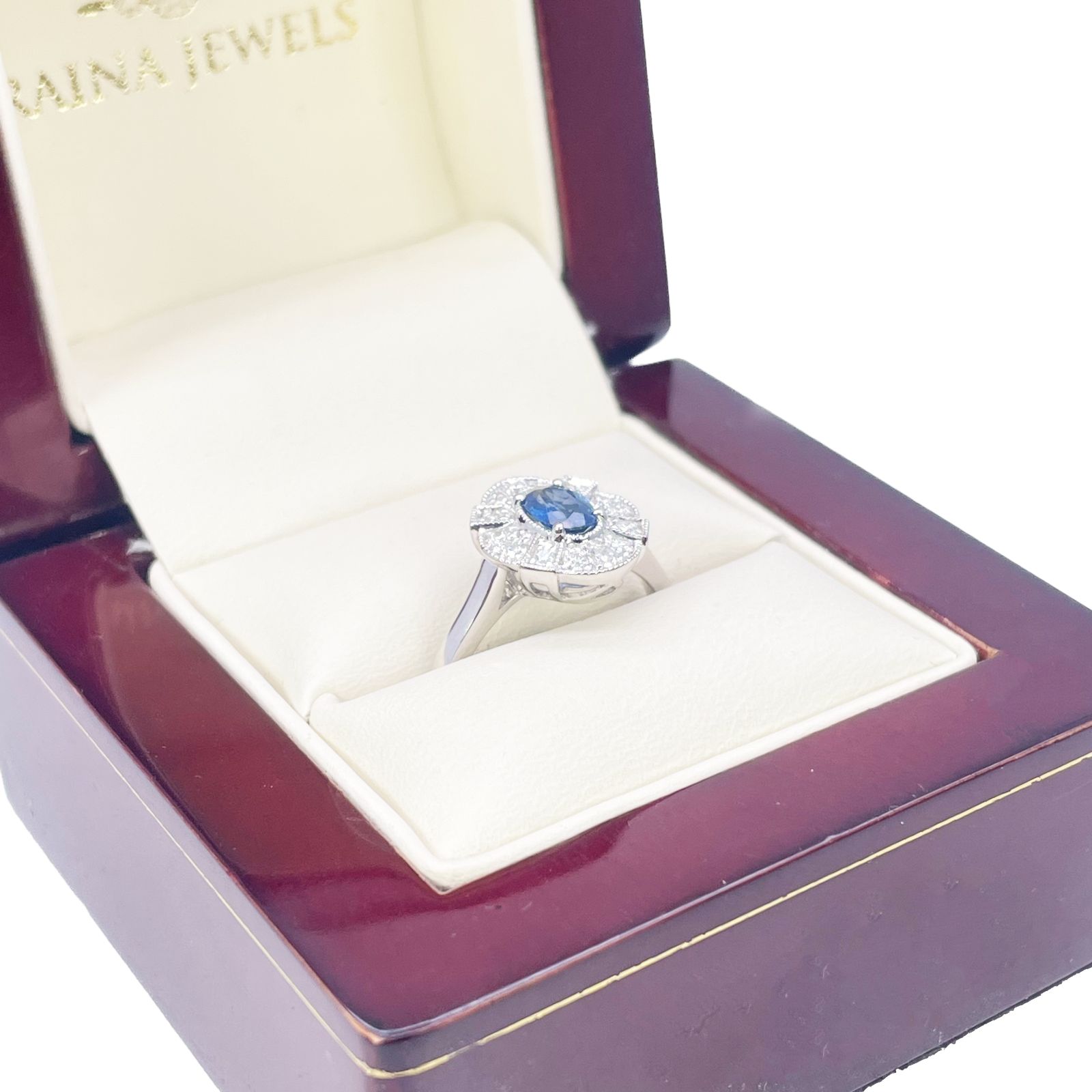 18ct White Gold Oval Blue Sapphire & Diamond Cluster Milgrain Ring 0.65ct  Diamond Ring