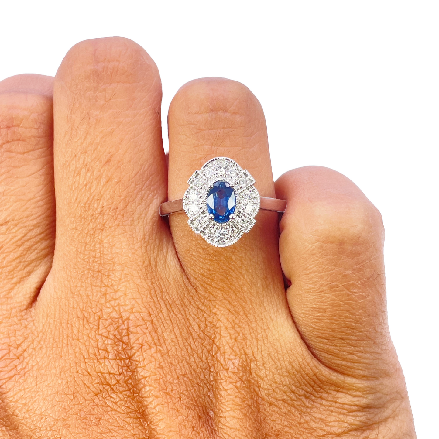 18ct White Gold Oval Blue Sapphire & Diamond Cluster Milgrain Ring 0.65ct  Diamond Ring