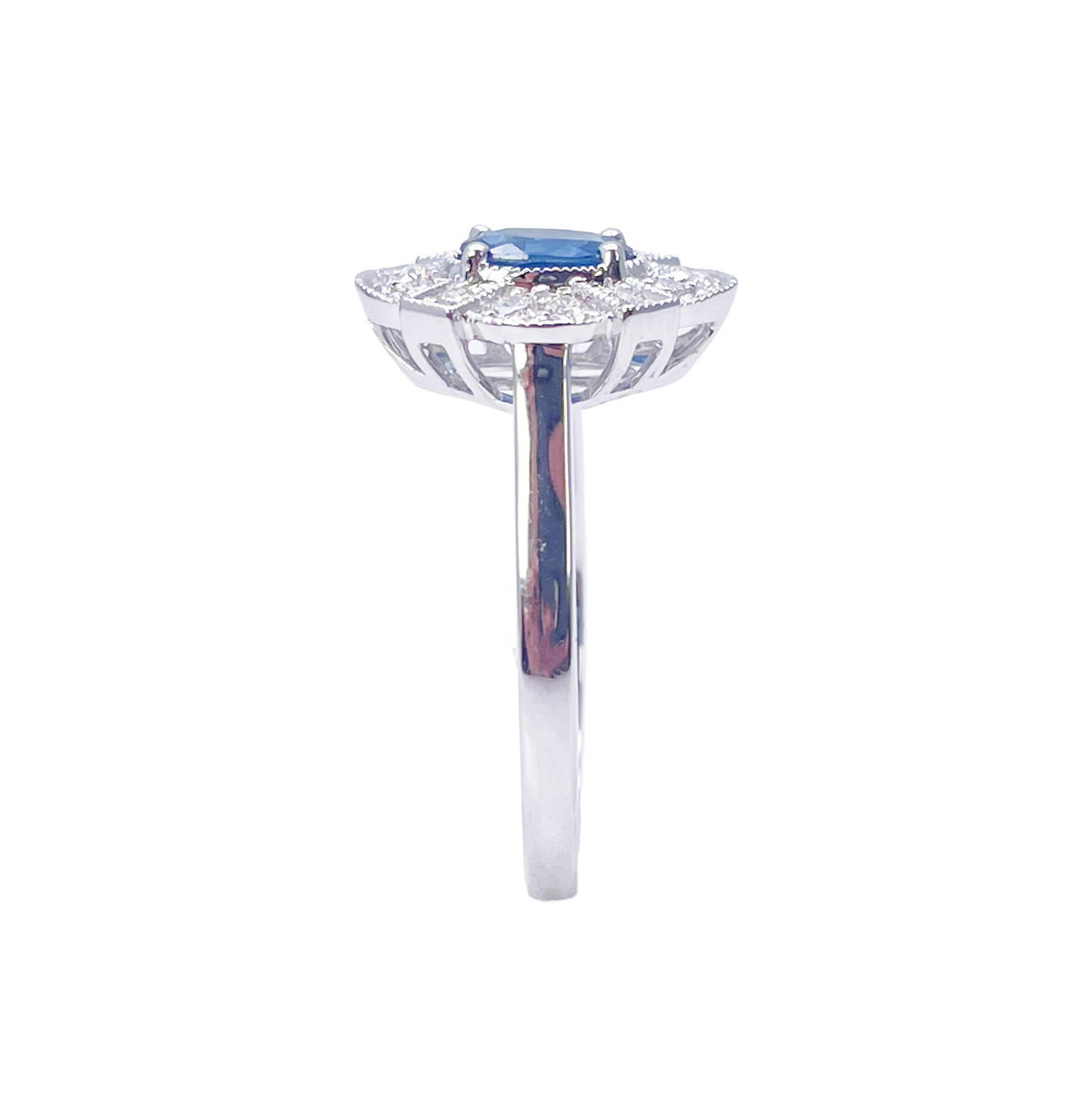 18ct White Gold Oval Blue Sapphire & Diamond Cluster Milgrain Ring 0.65ct  Diamond Ring