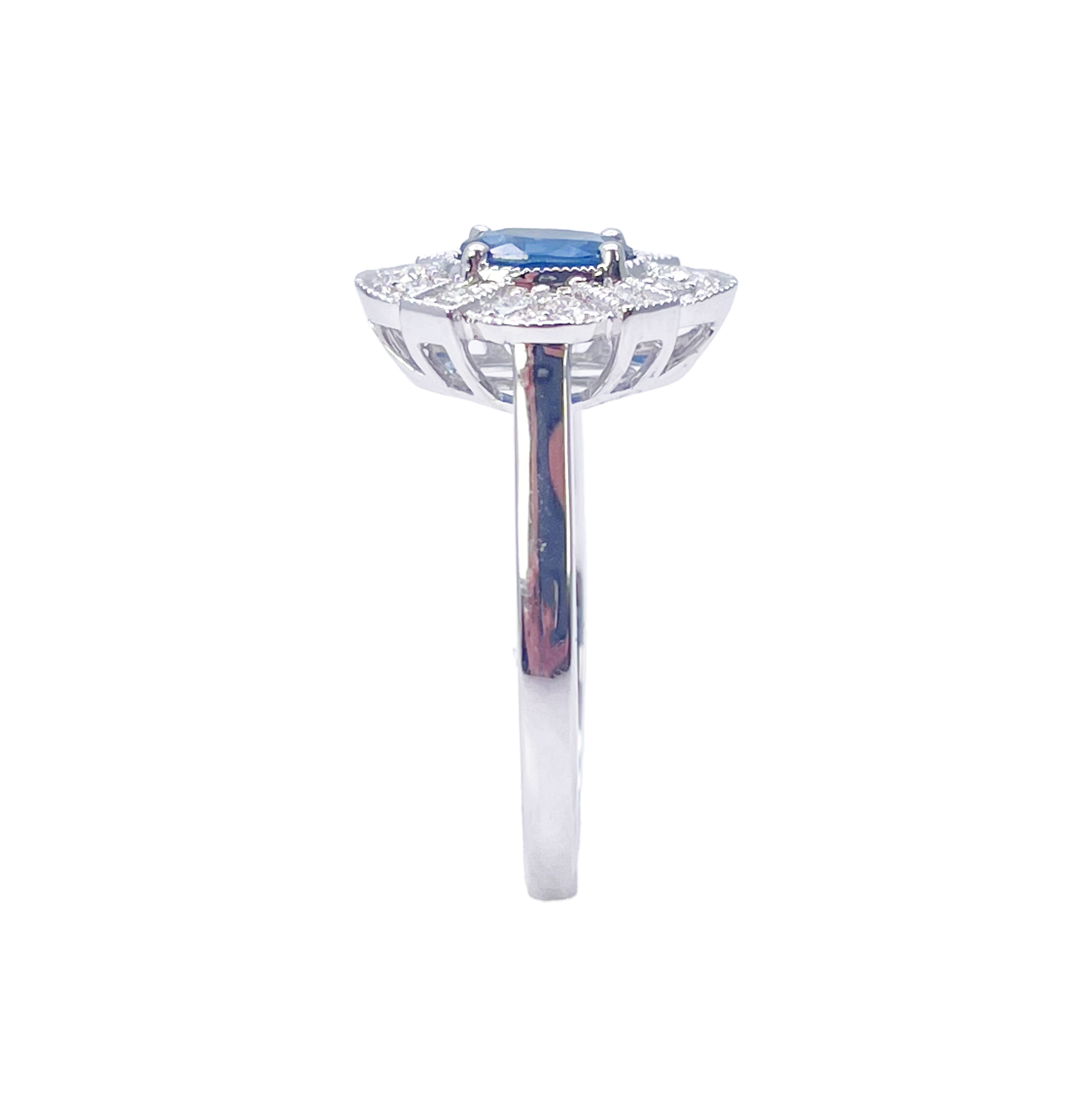 18ct White Gold Oval Blue Sapphire & Diamond Cluster Milgrain Ring 0.65ct  Diamond Ring