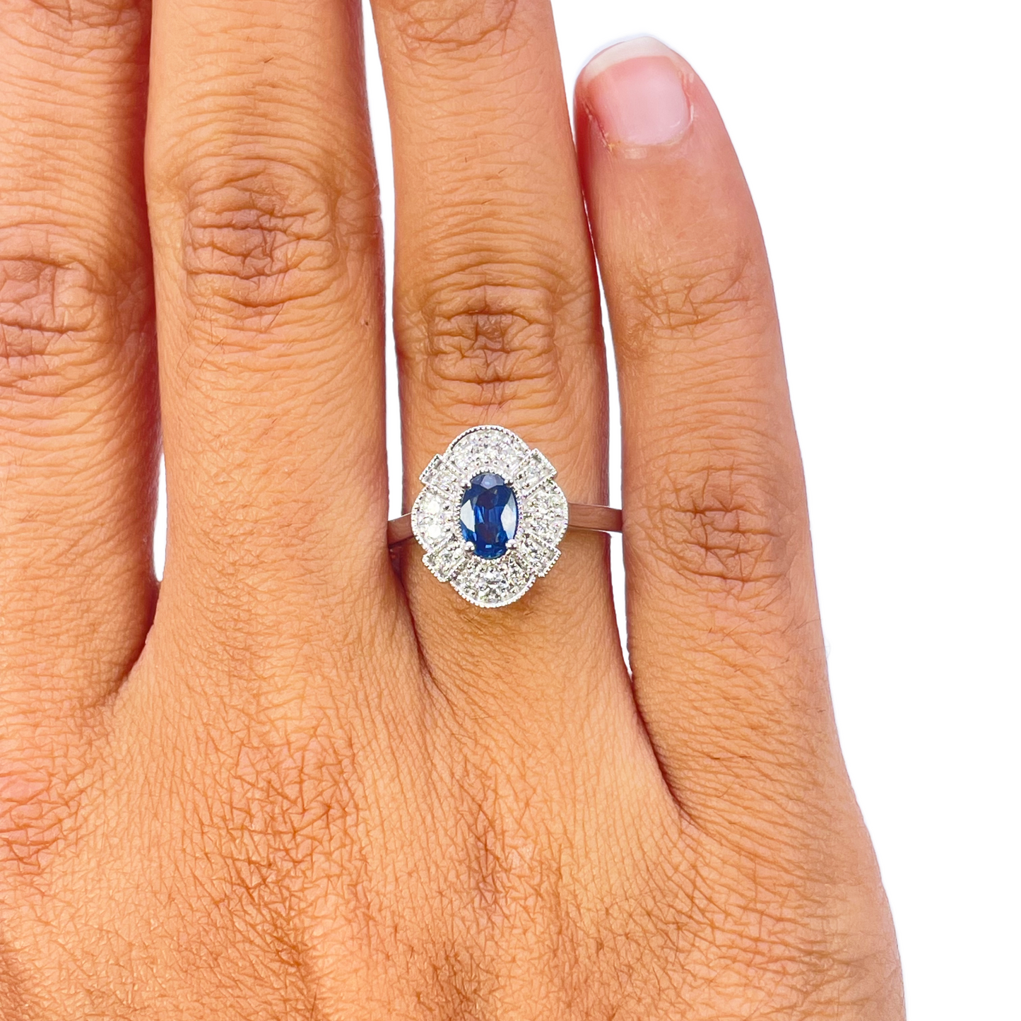18ct White Gold Oval Blue Sapphire & Diamond Cluster Milgrain Ring 0.65ct  Diamond Ring