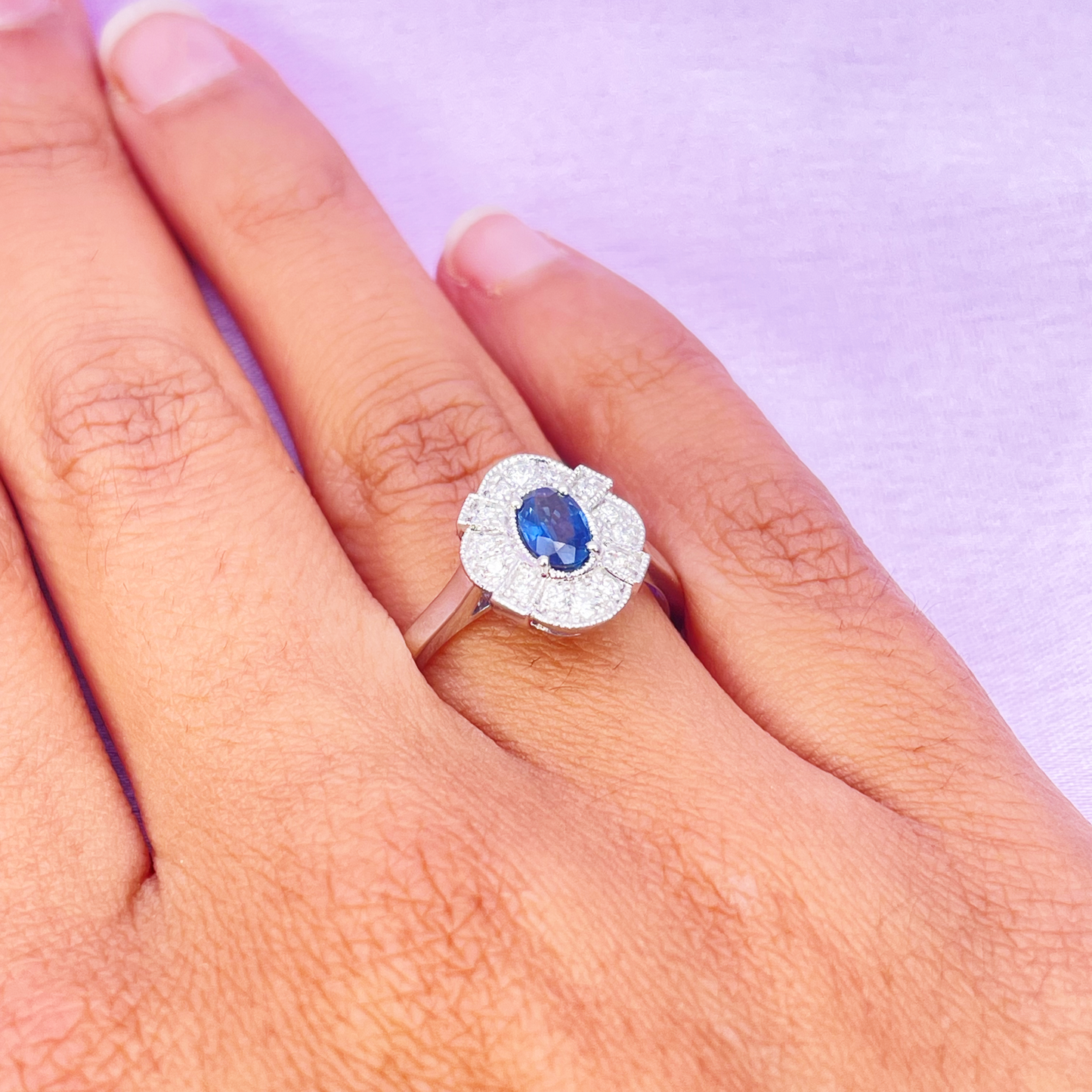 18ct White Gold Oval Blue Sapphire & Diamond Cluster Milgrain Ring 0.65ct  Diamond Ring