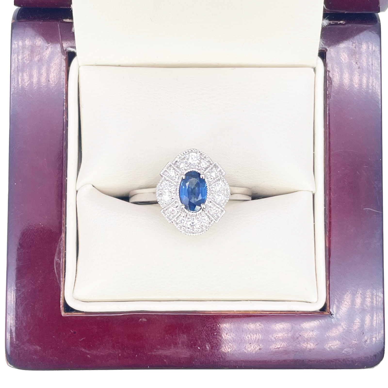 18ct White Gold Oval Blue Sapphire & Diamond Cluster Milgrain Ring 0.65ct  Diamond Ring