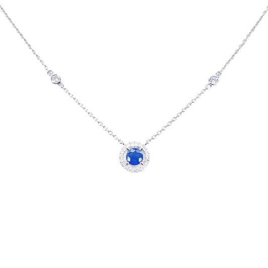 18ct White Gold Natural Round Diamond & Sapphire Halo Necklace 0.45ct