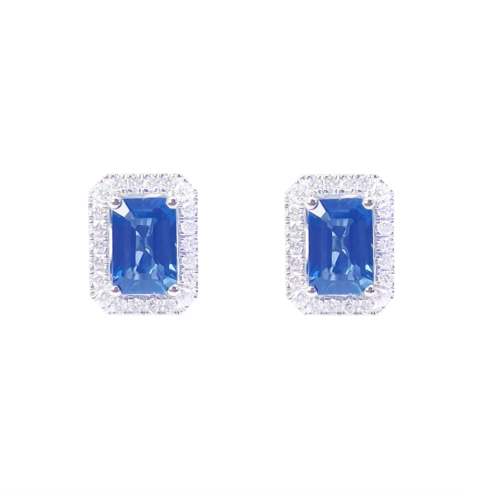 18ct White Gold Natural Emerald Cut Sapphire Round Diamond Stud Earrings 1.60ct 