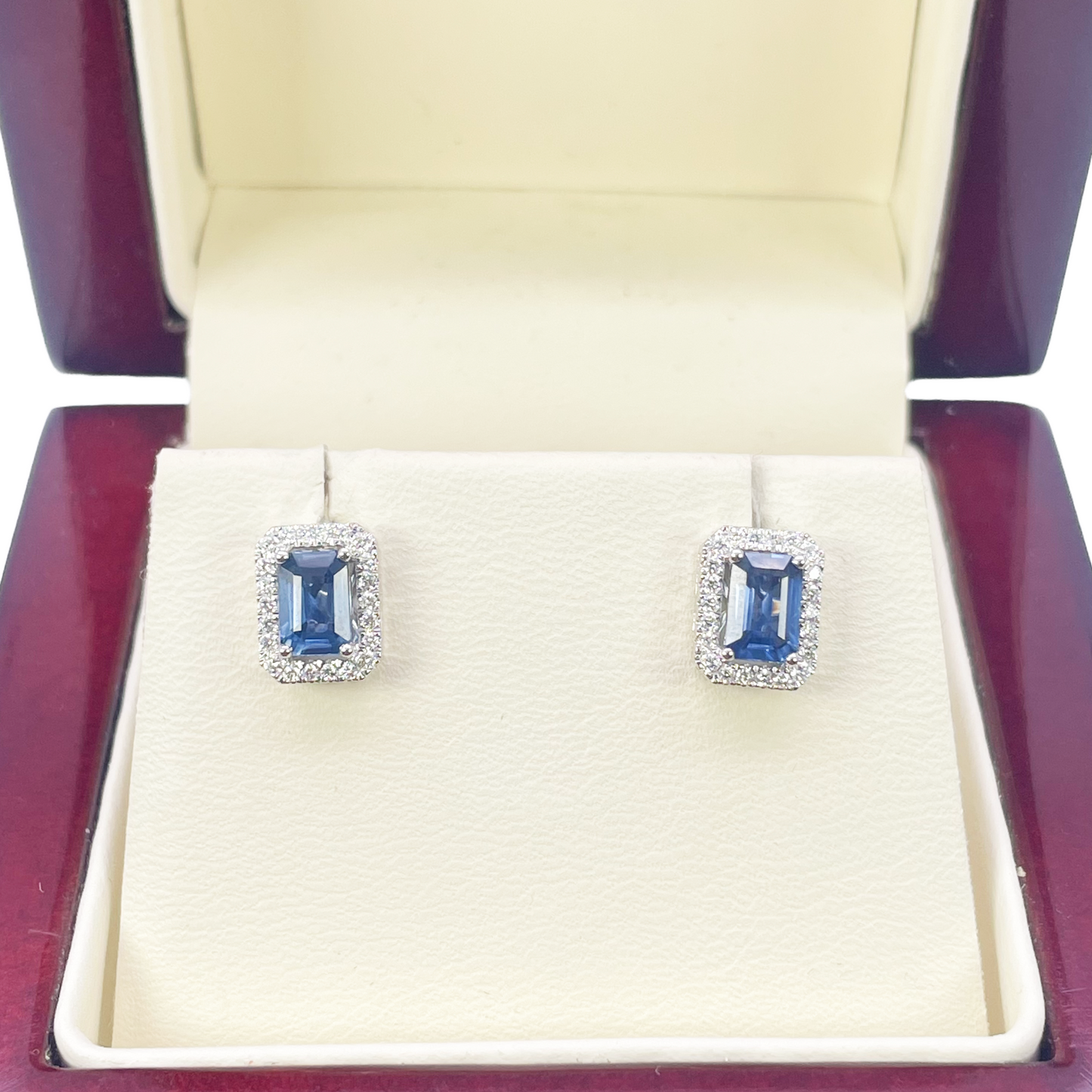 18ct White Gold Natural Emerald Cut Sapphire Round Diamond Stud Earrings 1.60ct 