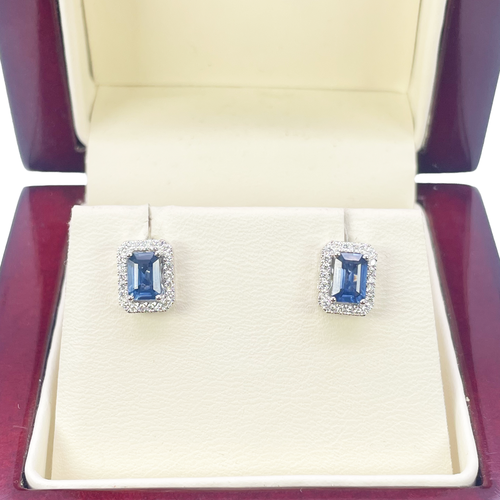 18ct White Gold Natural Emerald Cut Sapphire Round Diamond Stud Earrings 1.60ct 