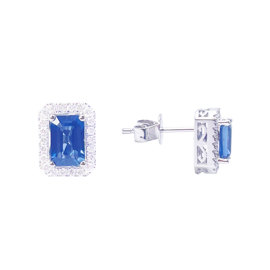 18ct White Gold Natural Emerald Cut Sapphire Round Diamond Stud Earrings 1.60ct 