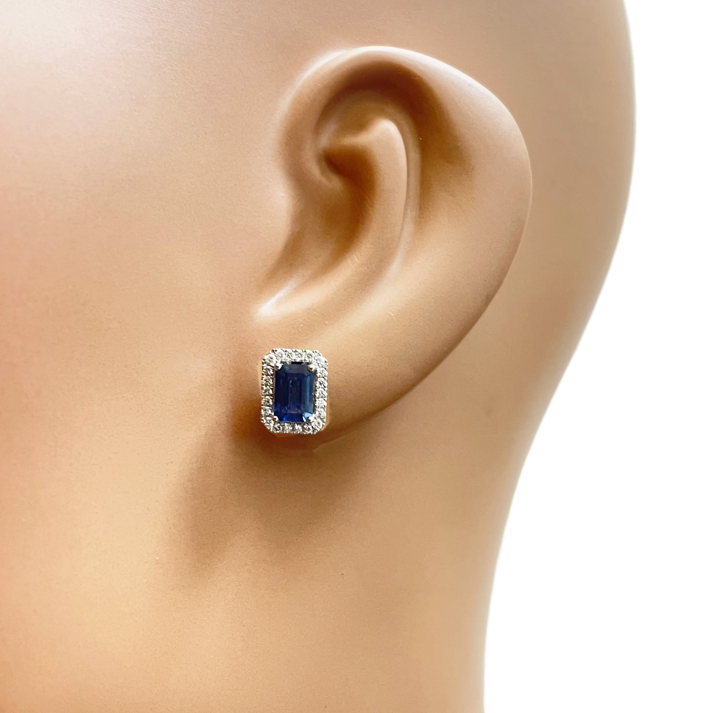 18ct White Gold Natural Emerald Cut Sapphire Round Diamond Stud Earrings 1.60ct 
