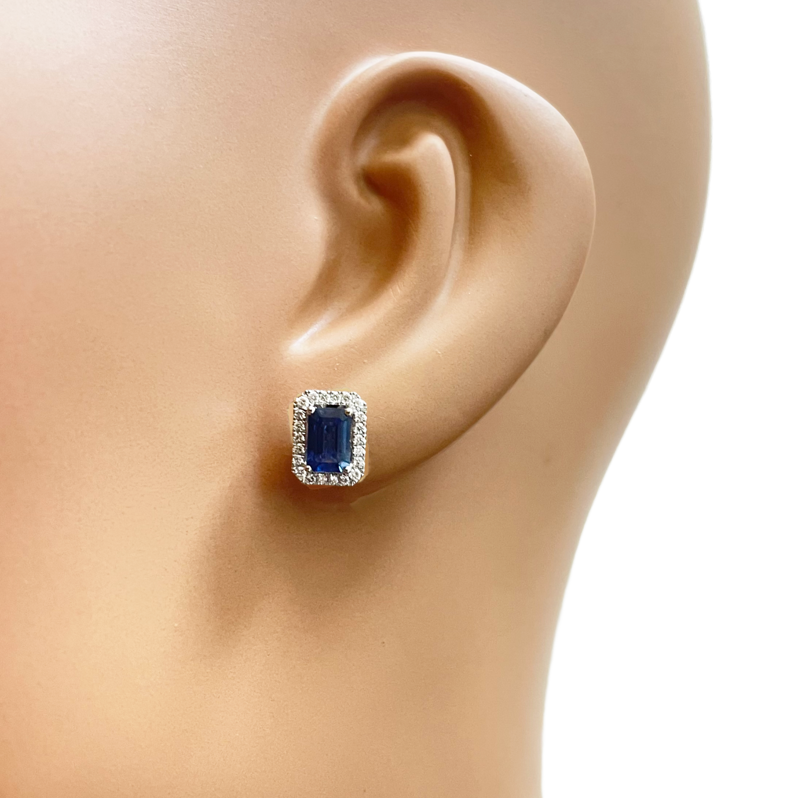18ct White Gold Natural Emerald Cut Sapphire Round Diamond Stud Earrings 1.60ct 