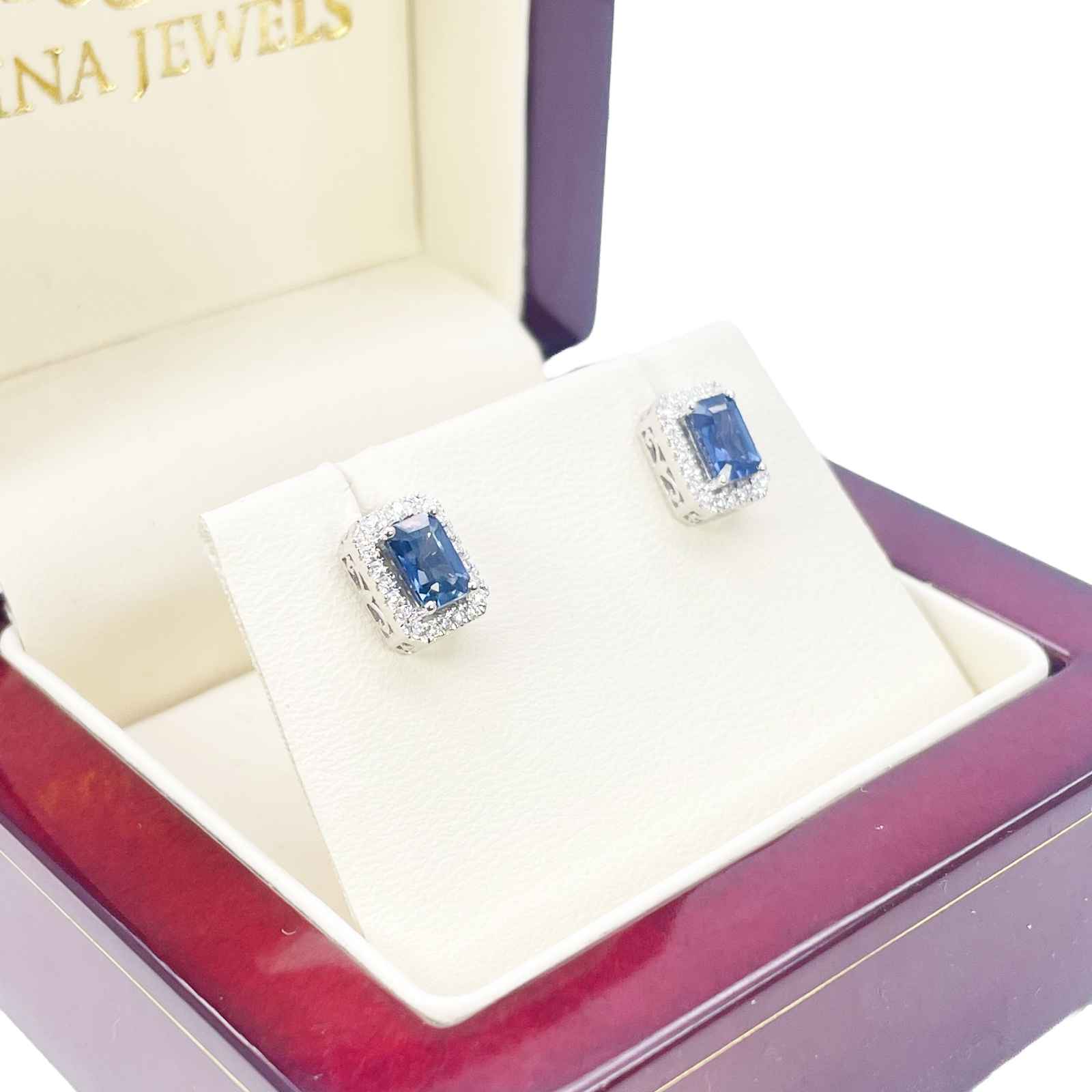 18ct White Gold Natural Emerald Cut Sapphire Round Diamond Stud Earrings 1.60ct 
