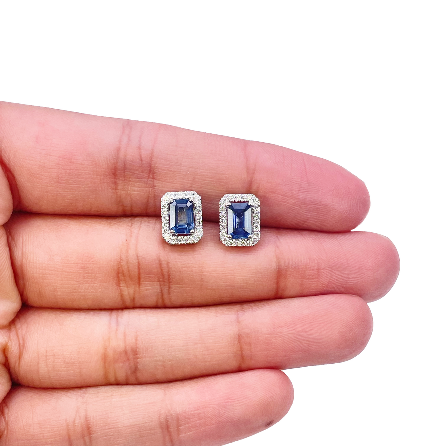 18ct White Gold Natural Emerald Cut Sapphire Round Diamond Stud Earrings 1.60ct 