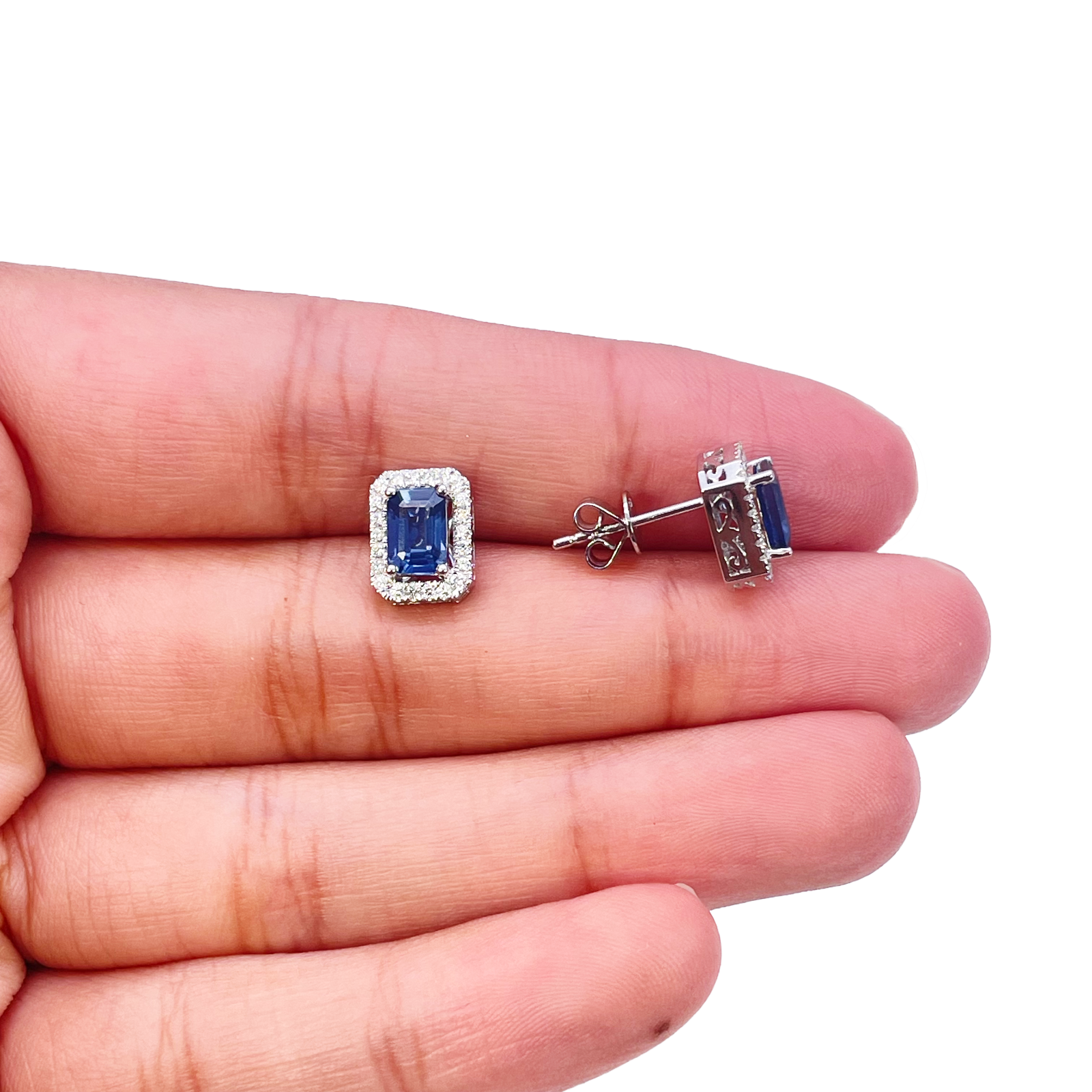 18ct White Gold Natural Emerald Cut Sapphire Round Diamond Stud Earrings 1.60ct 