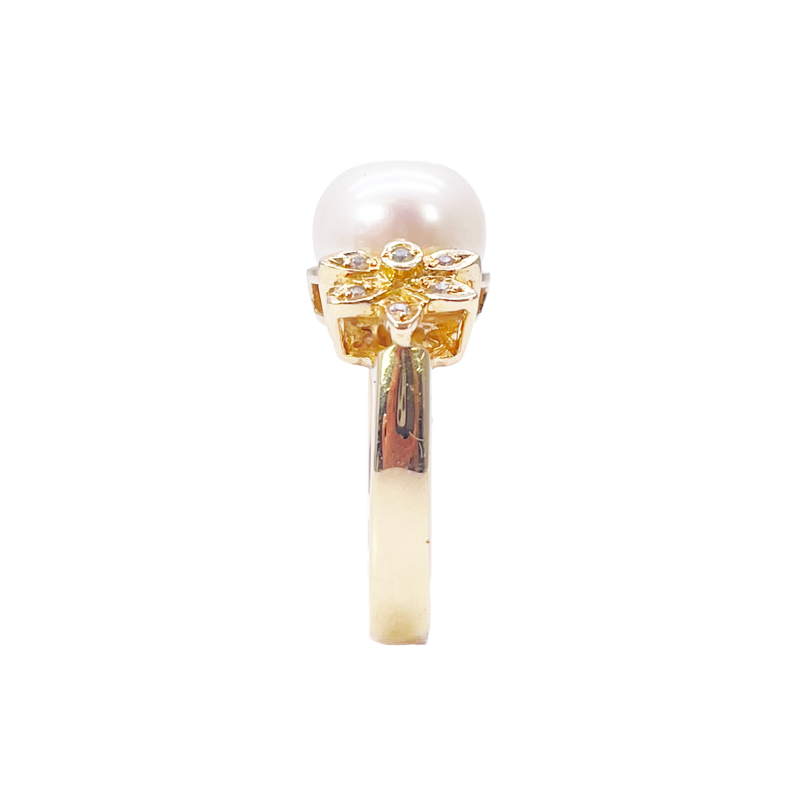 18ct Yellow Gold Pre-Owned Cubic Zirconia & Freshwater Pearl Elegant Vintage Floral Ring 
