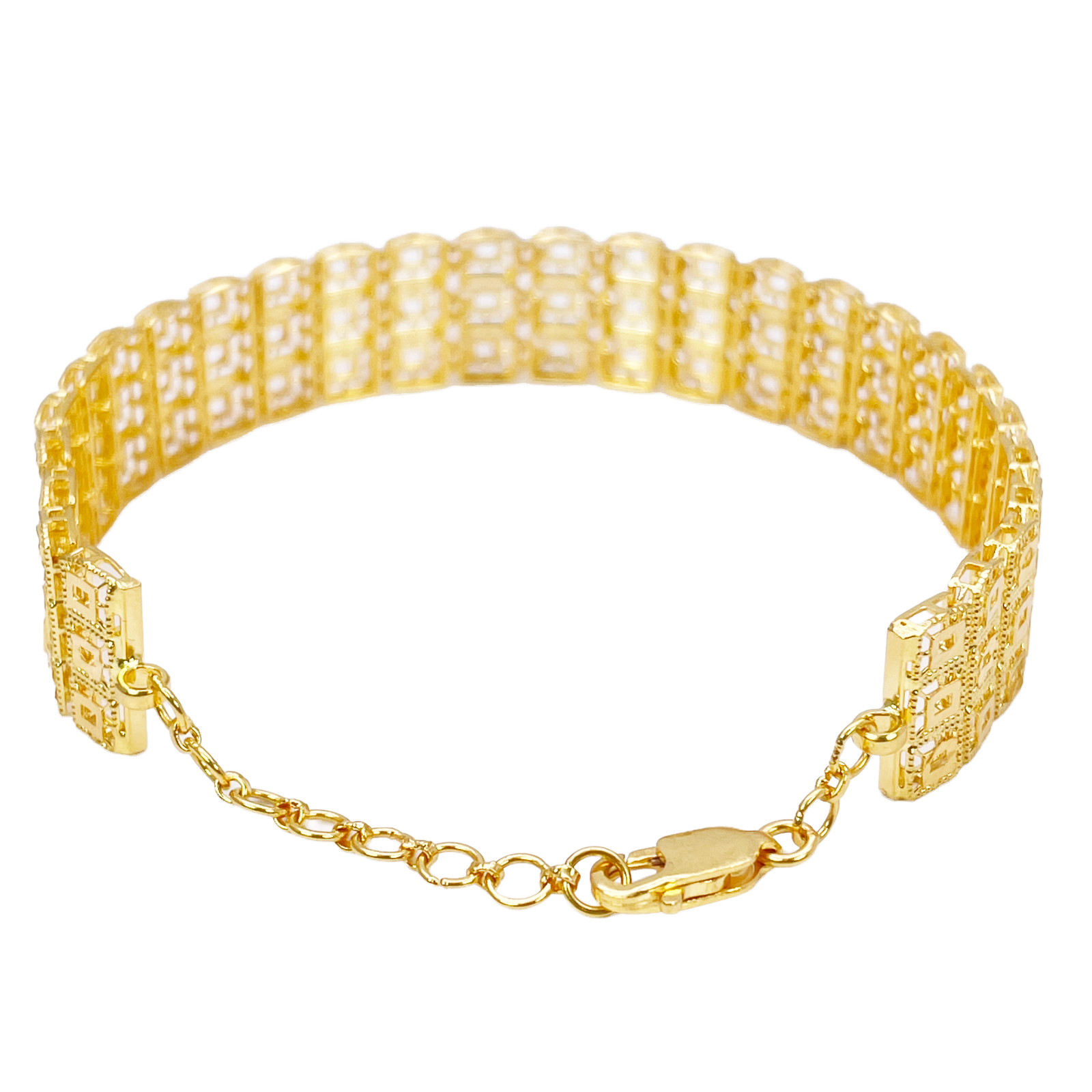 22ct Gold Milgrain Bracelet Three Row Diamond Cut Square 7.5 Inches 11.6mm Width 