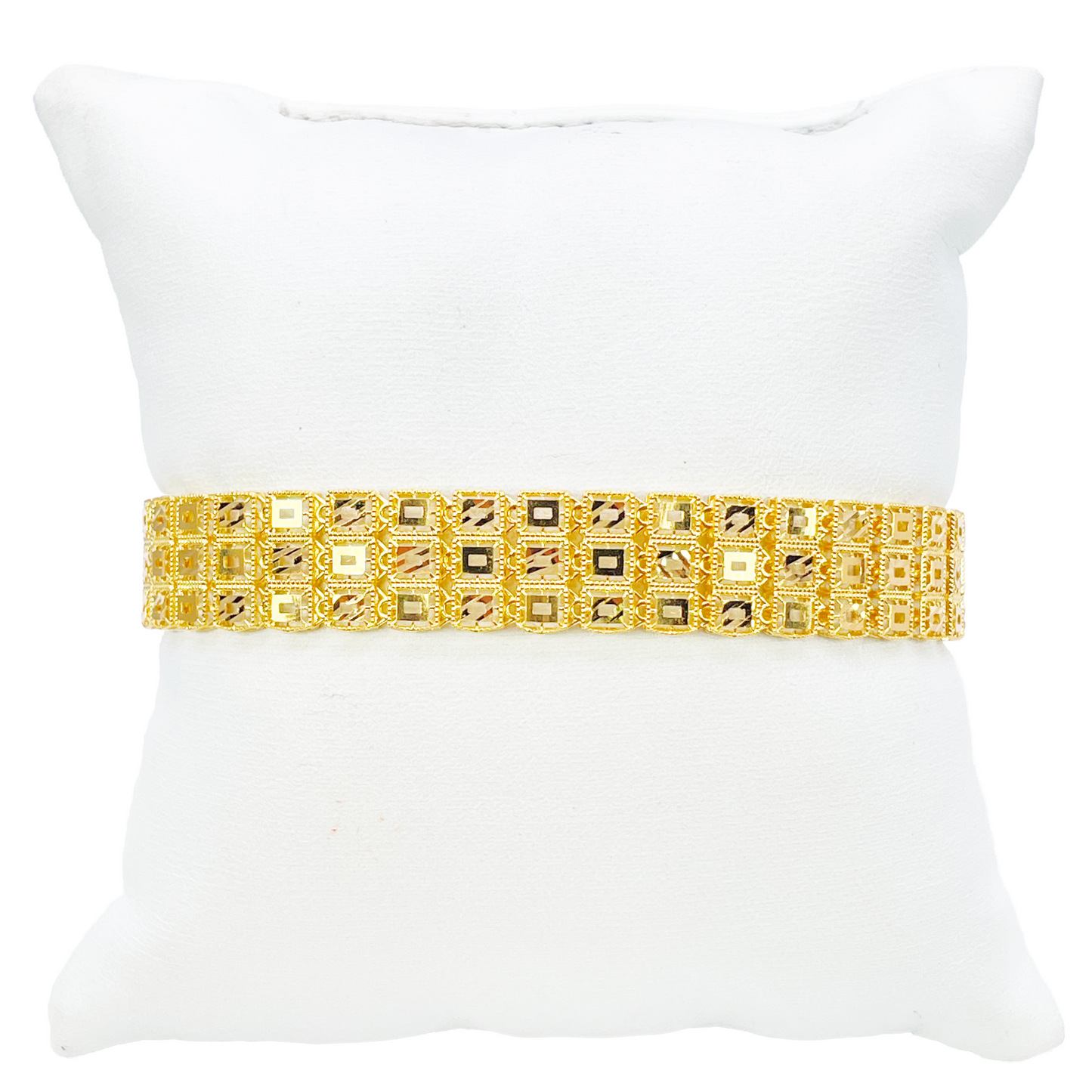 22ct Gold Milgrain Bracelet Three Row Diamond Cut Square 7.5 Inches 11.6mm Width 